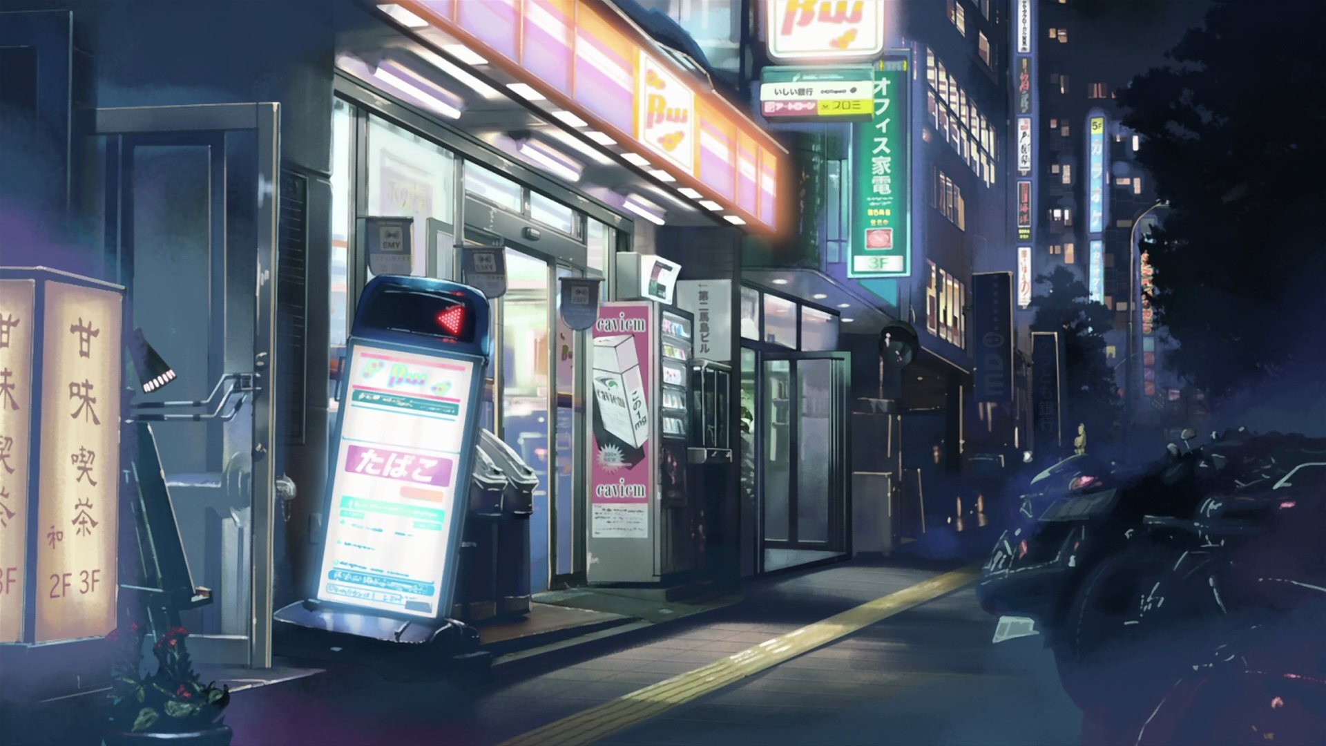 5 Centimeters per Second, Japanese convenience store storefront, Illuminated nighttime street corner, Full HD Desktop wallpaper