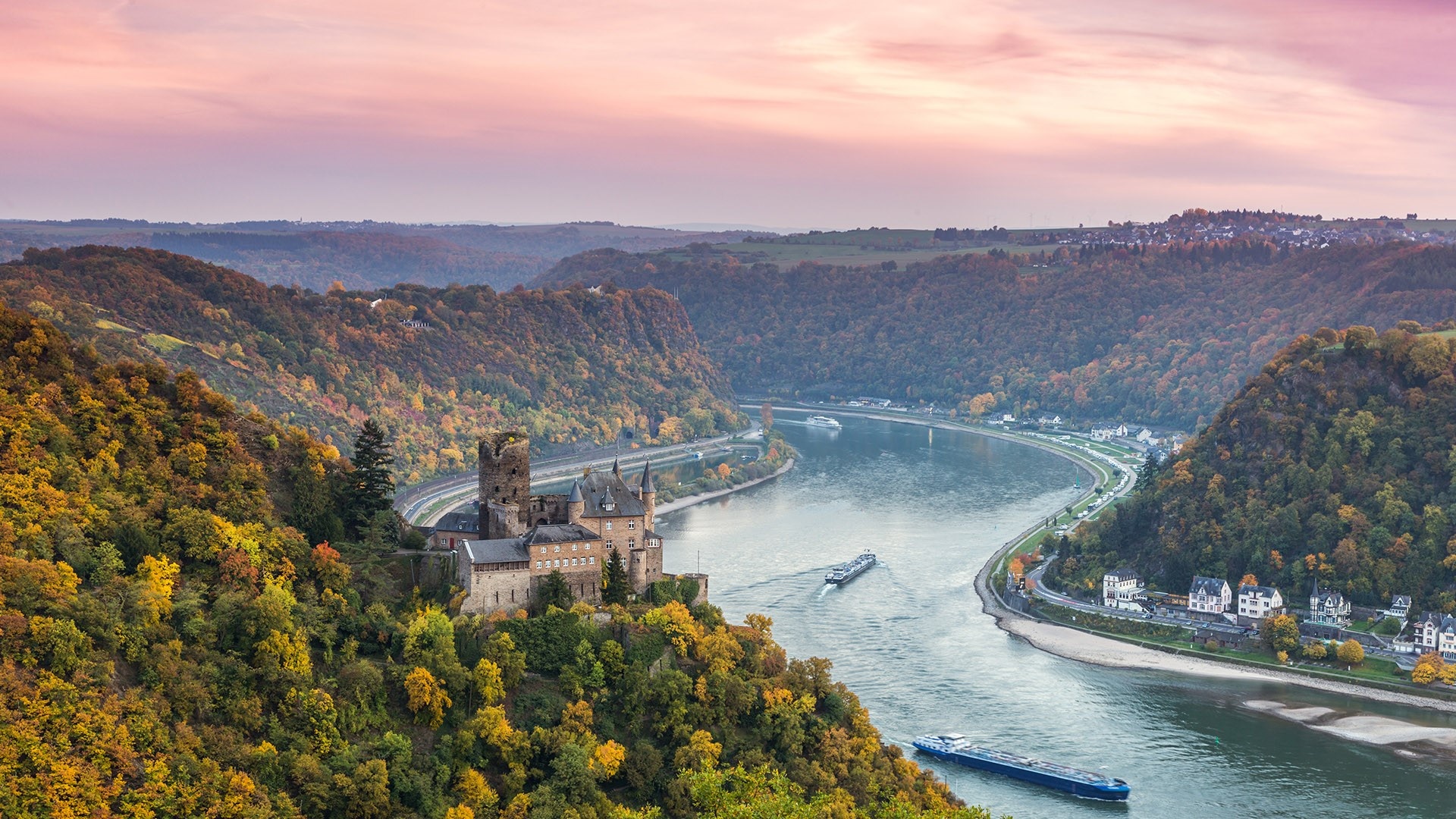 The Rhine River, forest horizon, valley trees, ship dawn, 1920x1080 Full HD Desktop