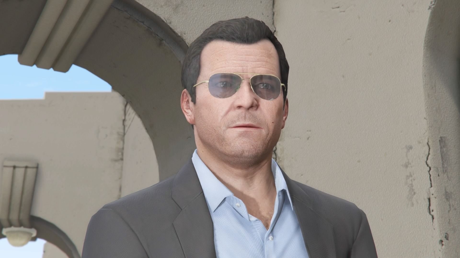 Michael De Santa in aviators, Grey suit blue shirt, Grand Theft Auto V render, Full HD Desktop wallpaper