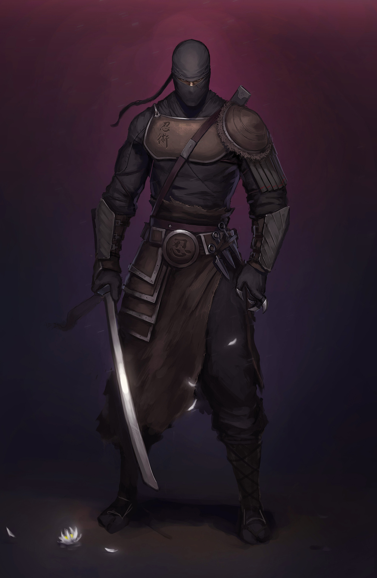 Masked armored ninja warrior, Drawn steel katana blade, Glowing white lotus flower, HD Phone wallpaper