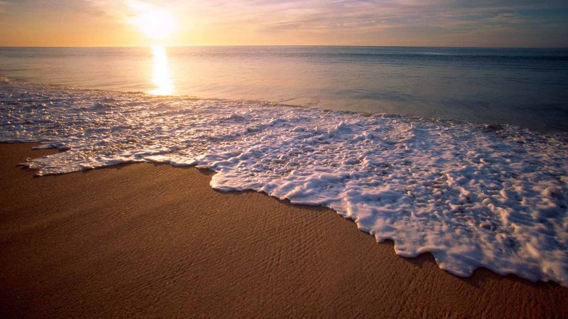 foamy ocean surf, golden sunrise horizon, wet sandy shoreline, Full HD Desktop wallpaper
