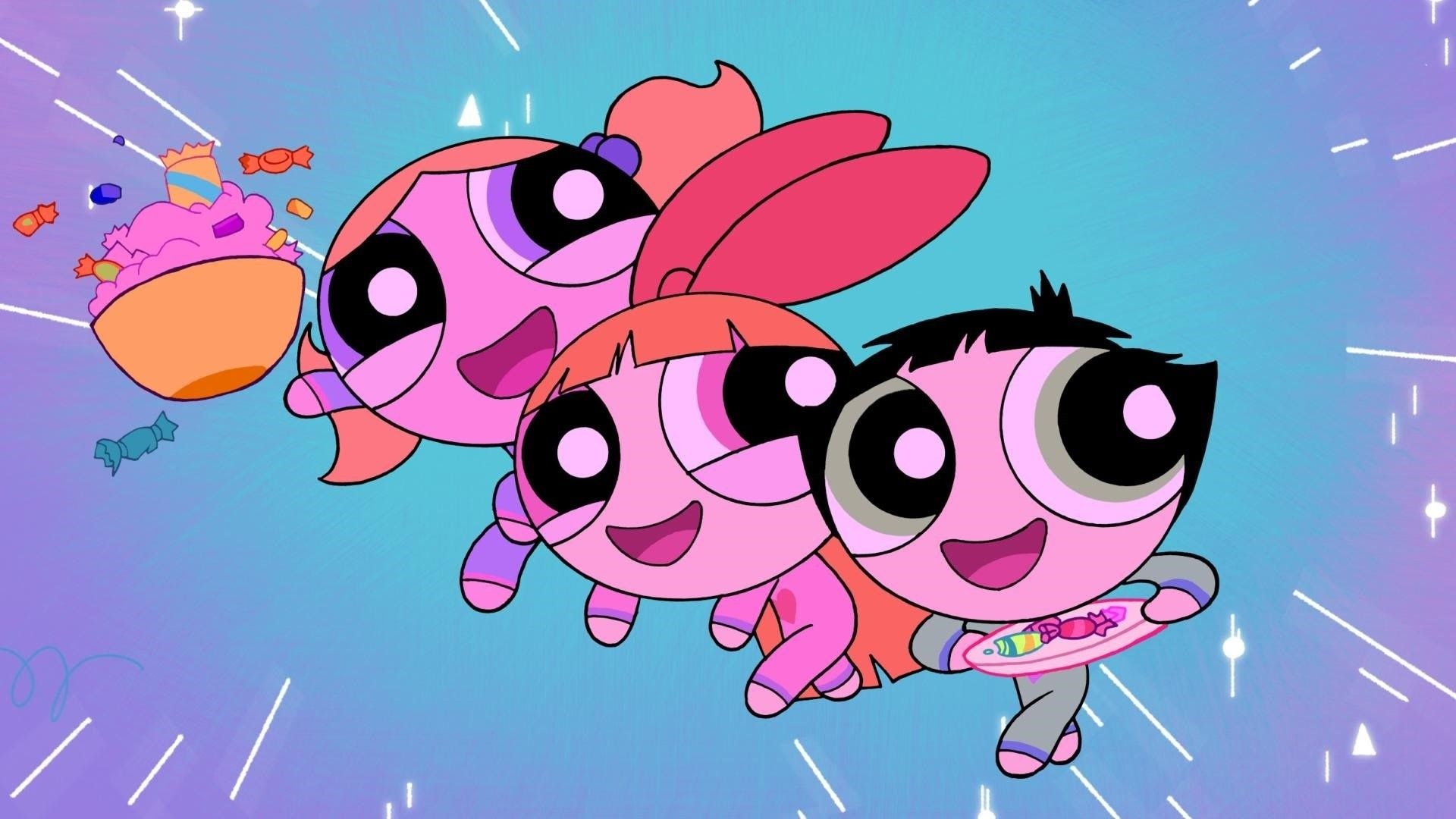 The Powerpuff Girls, Blossom Bubbles and Buttercup, Flying with candy bowls, Full HD Desktop wallpaper