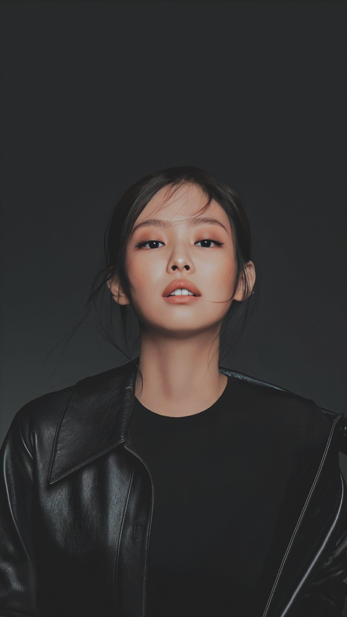 Jennie Kim, black leather jacket, dark studio portrait, HD Phone wallpaper
