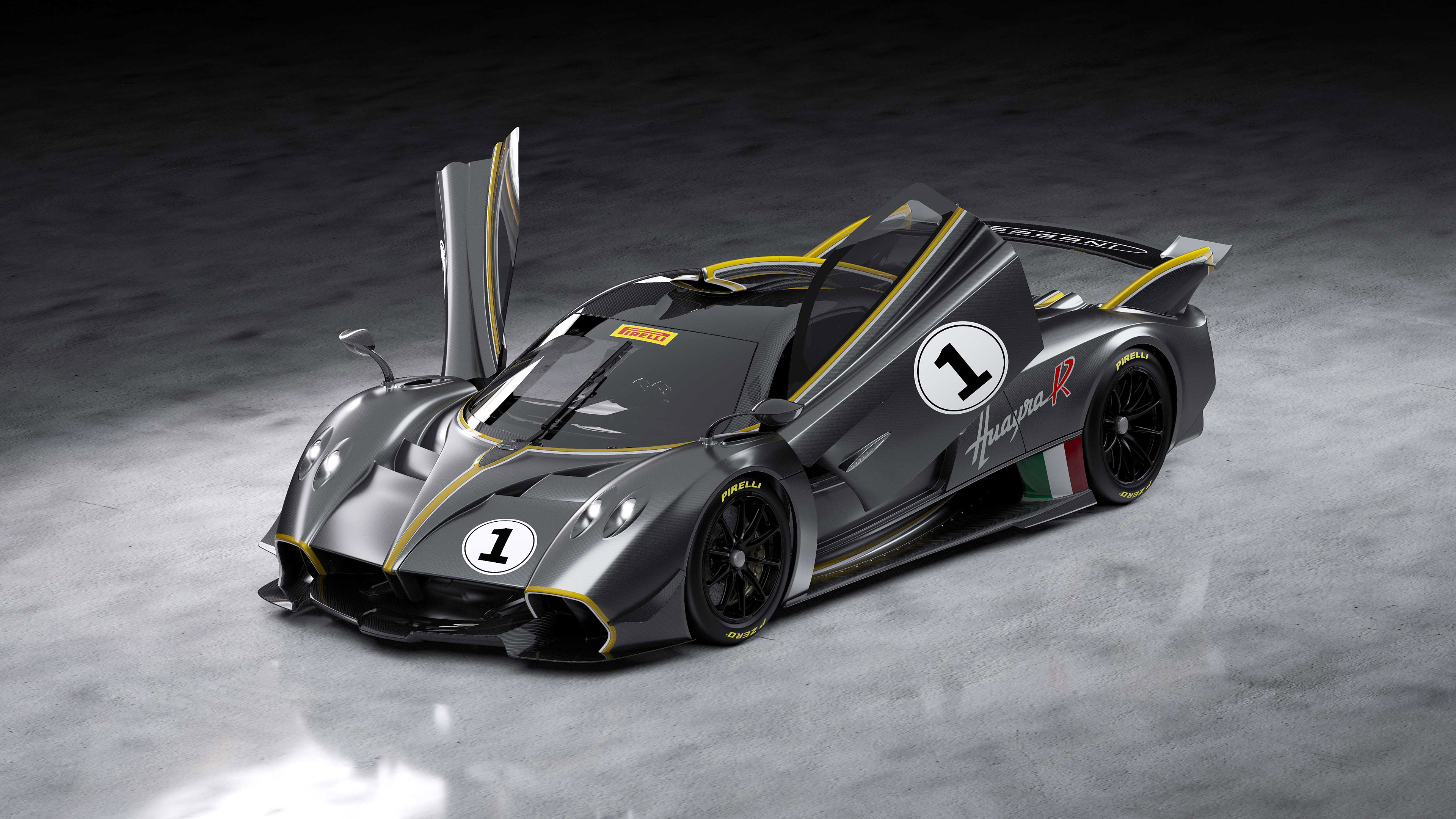Pagani Huayra R, Open dihedral doors, Studio concrete floor, 4K Desktop wallpaper