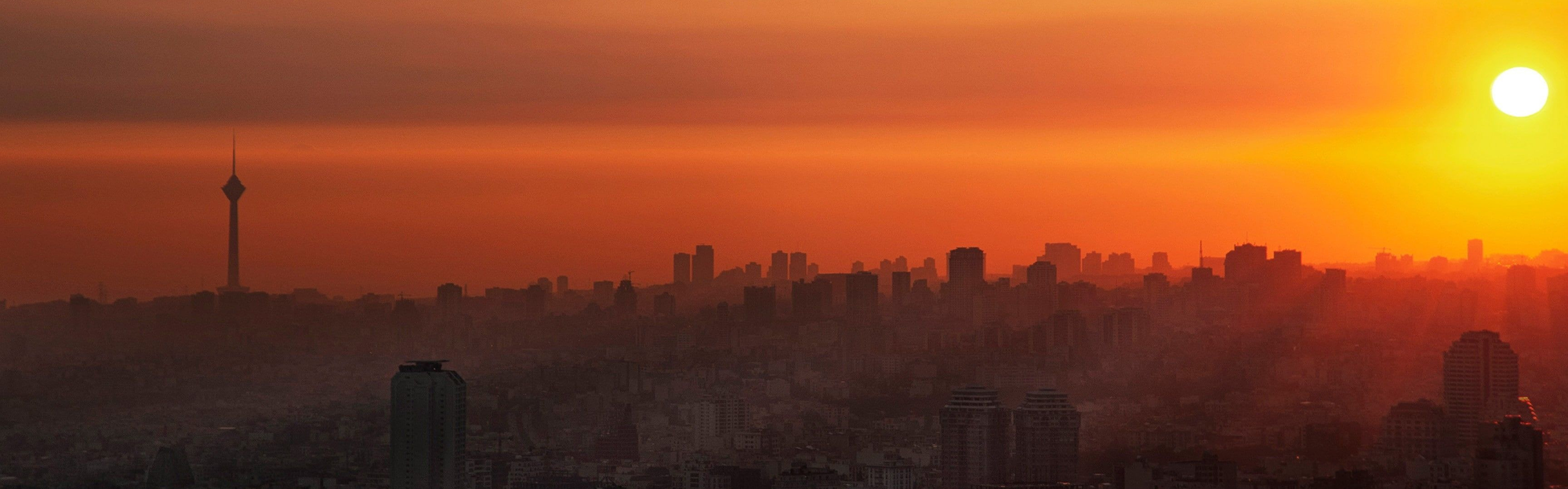 Milad Tower, Tehran city skyline, orange sunset sky, Dual Screen Desktop wallpaper