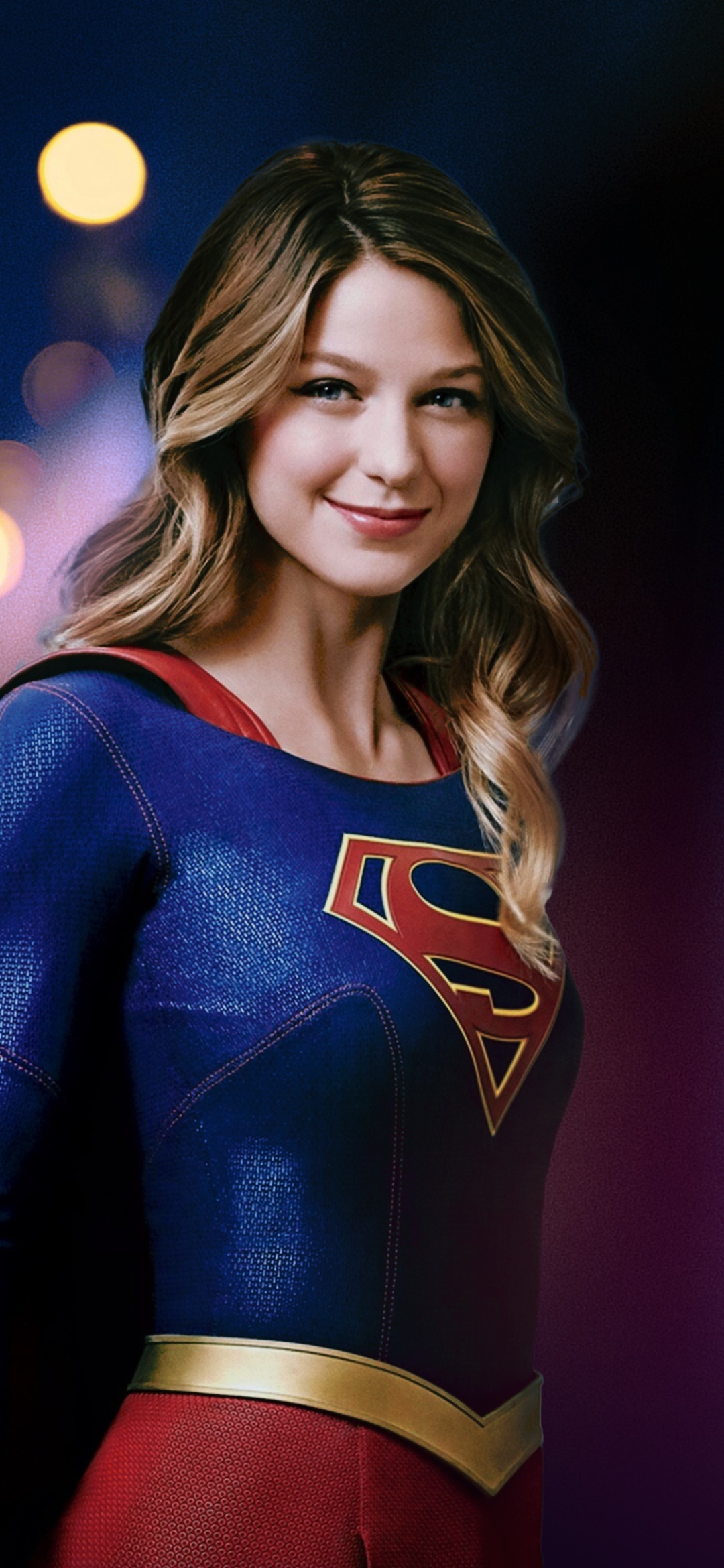 Melissa Benoist as Supergirl, House of El emblem, Night bokeh lights, HD Phone wallpaper