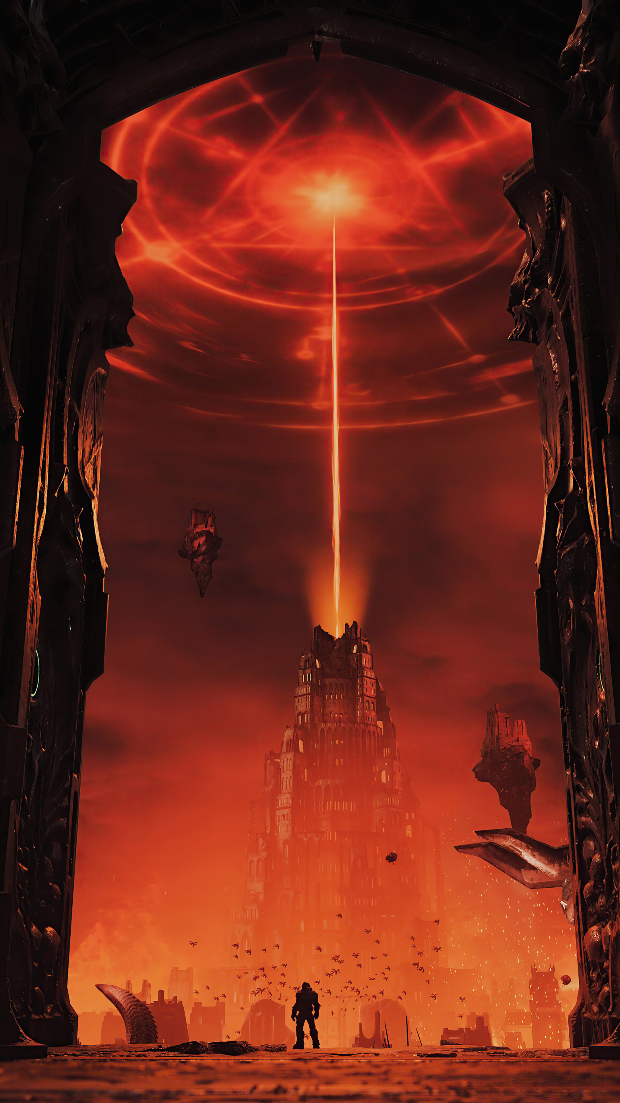 Doom Slayer silhouette, Demonic energy beam, Doom Eternal Hell landscape, 4K Phone wallpaper