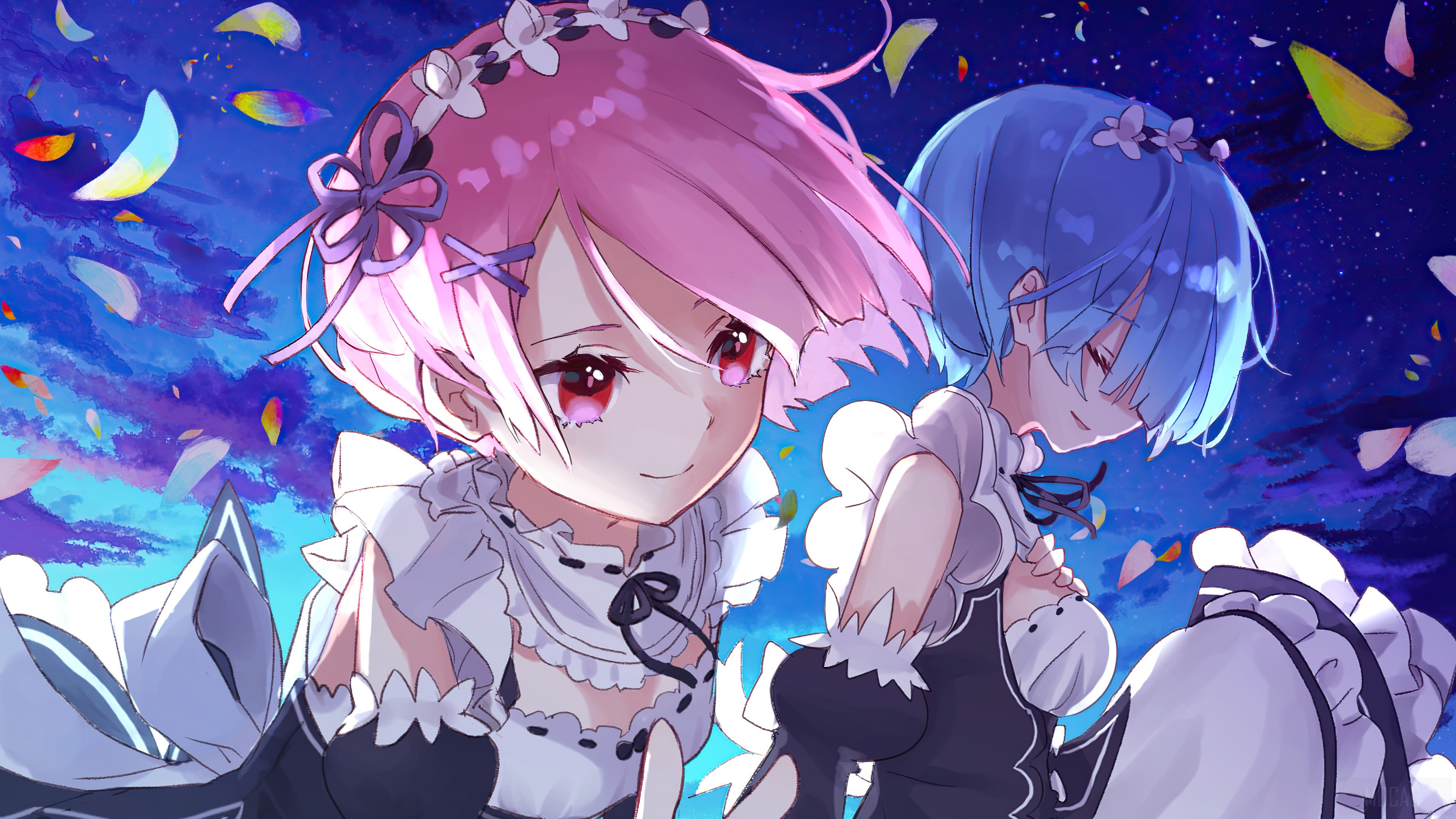 Ram from Re:Zero, Rem from Re:Zero, Starry night sky, 4K Desktop wallpaper