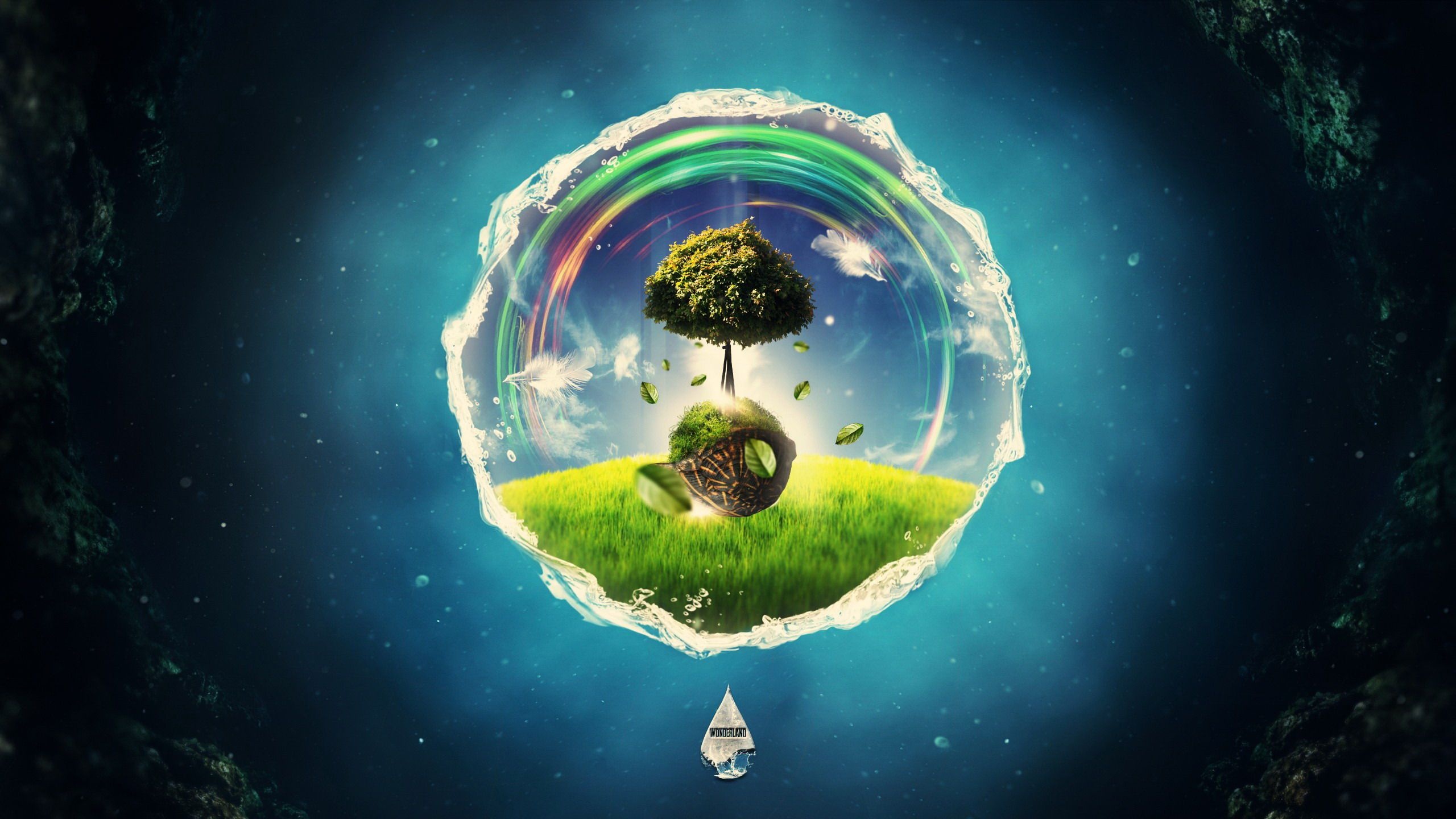 text "WONDERLAND", tree on miniature planet, spherical water splash bubble, HD Desktop wallpaper