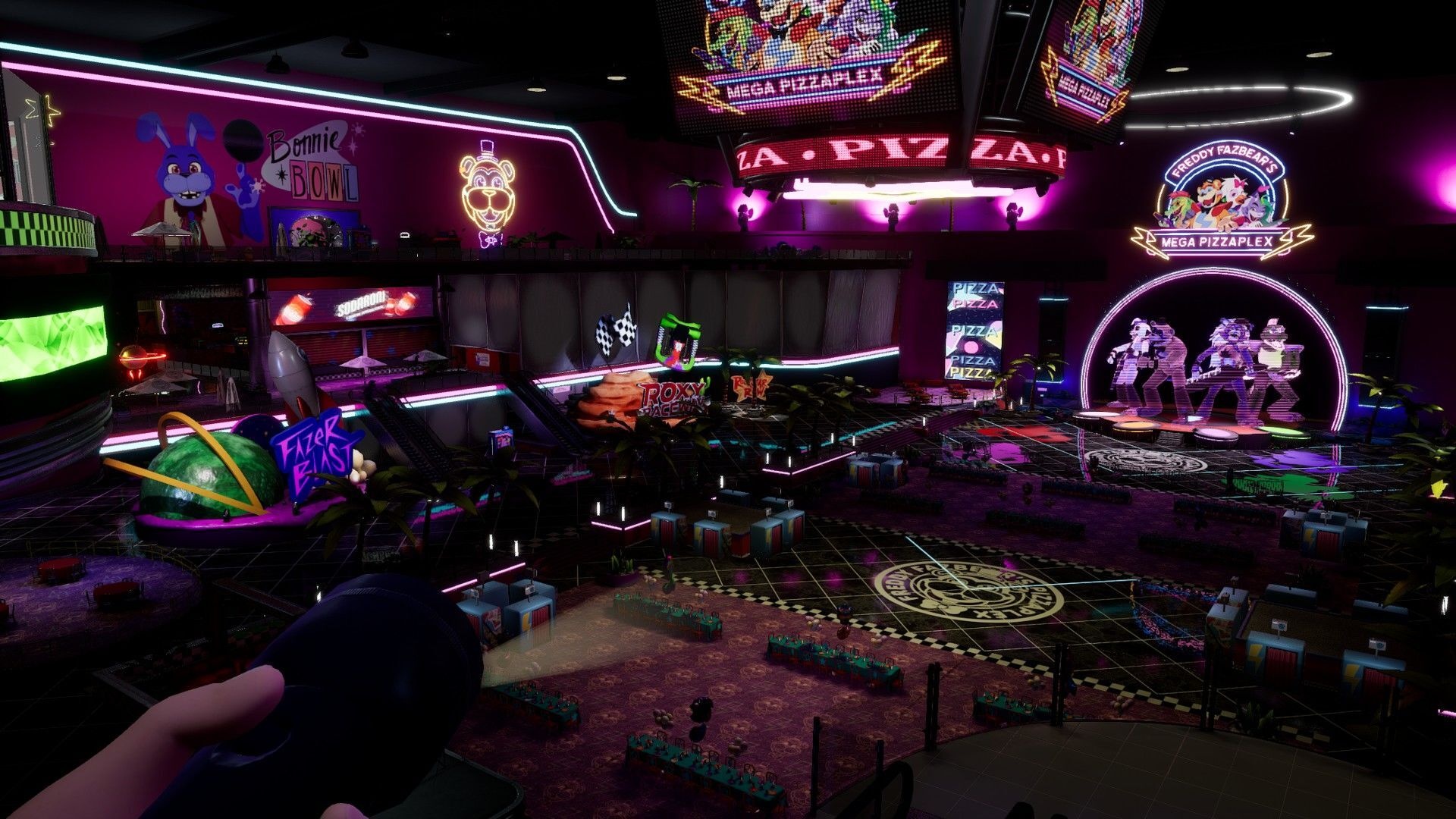Freddy Fazbear's Mega Pizzaplex, Glamrock animatronics performance stage, Bonnie Bowl neon sign, Fazer Blast attraction, Full HD Desktop wallpaper
