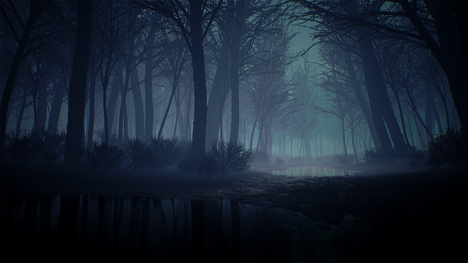 bare silhouetted trees, reflective ground puddles, eerie blue mist, Full HD Desktop wallpaper