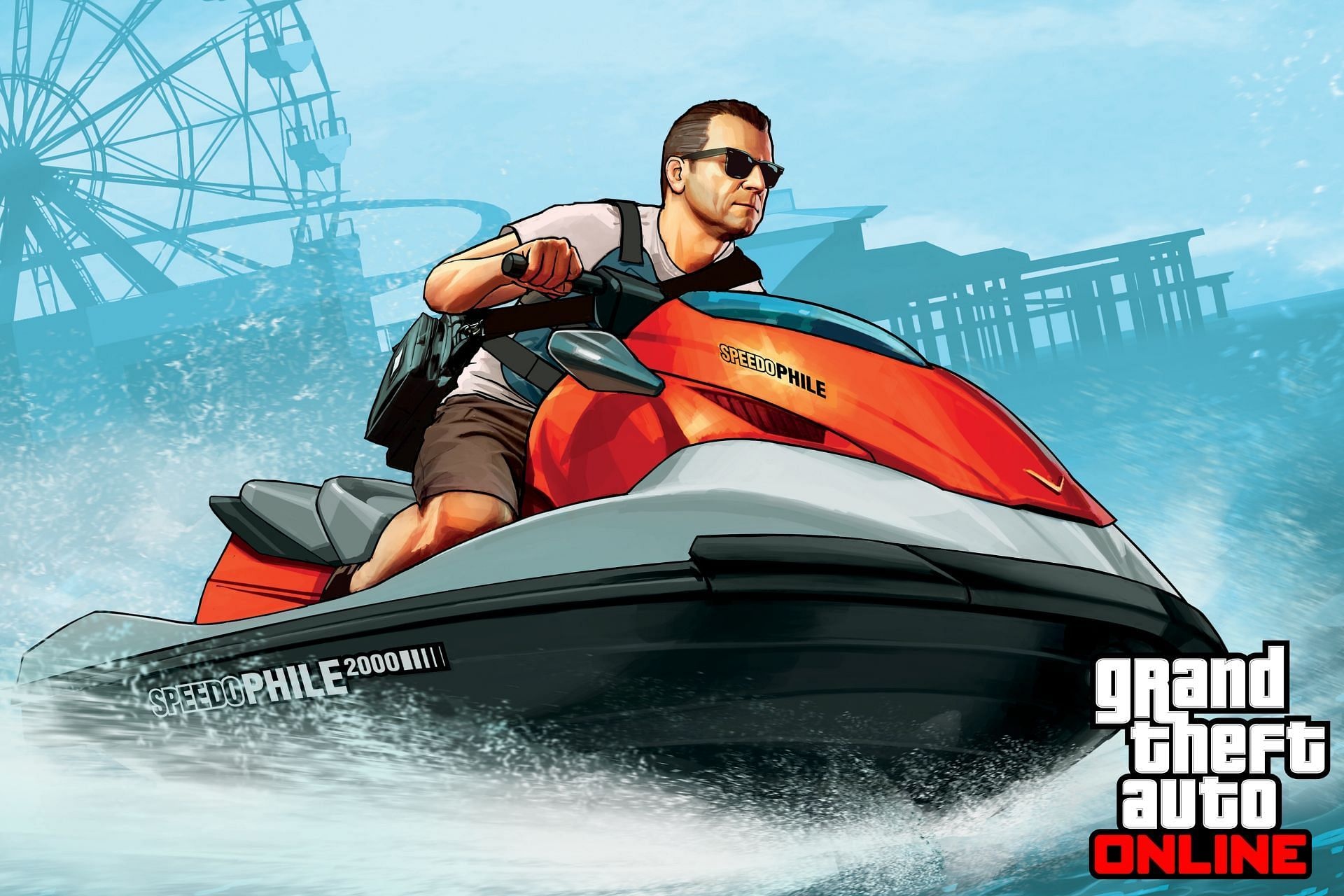 Michael De Santa in sunglasses, Speedophile 2000 jet ski, Grand Theft Auto Online logo, Ferris wheel pier silhouette, HD Desktop wallpaper