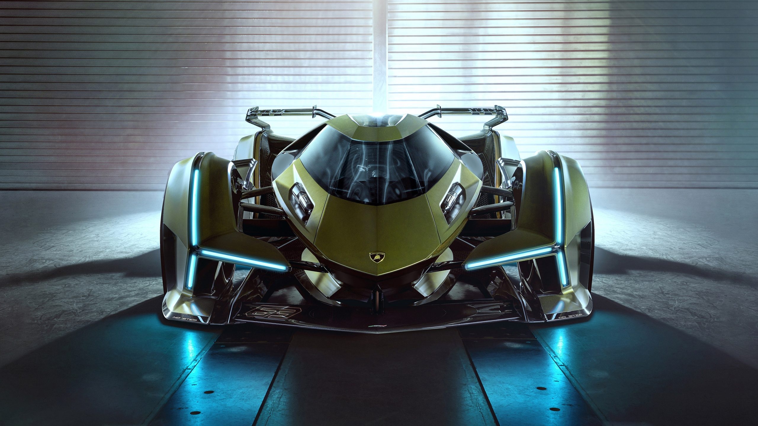 Lamborghini Lambo V12 Vision Gran Turismo, Y-shaped LED headlights, futuristic garage setting, HD Desktop wallpaper