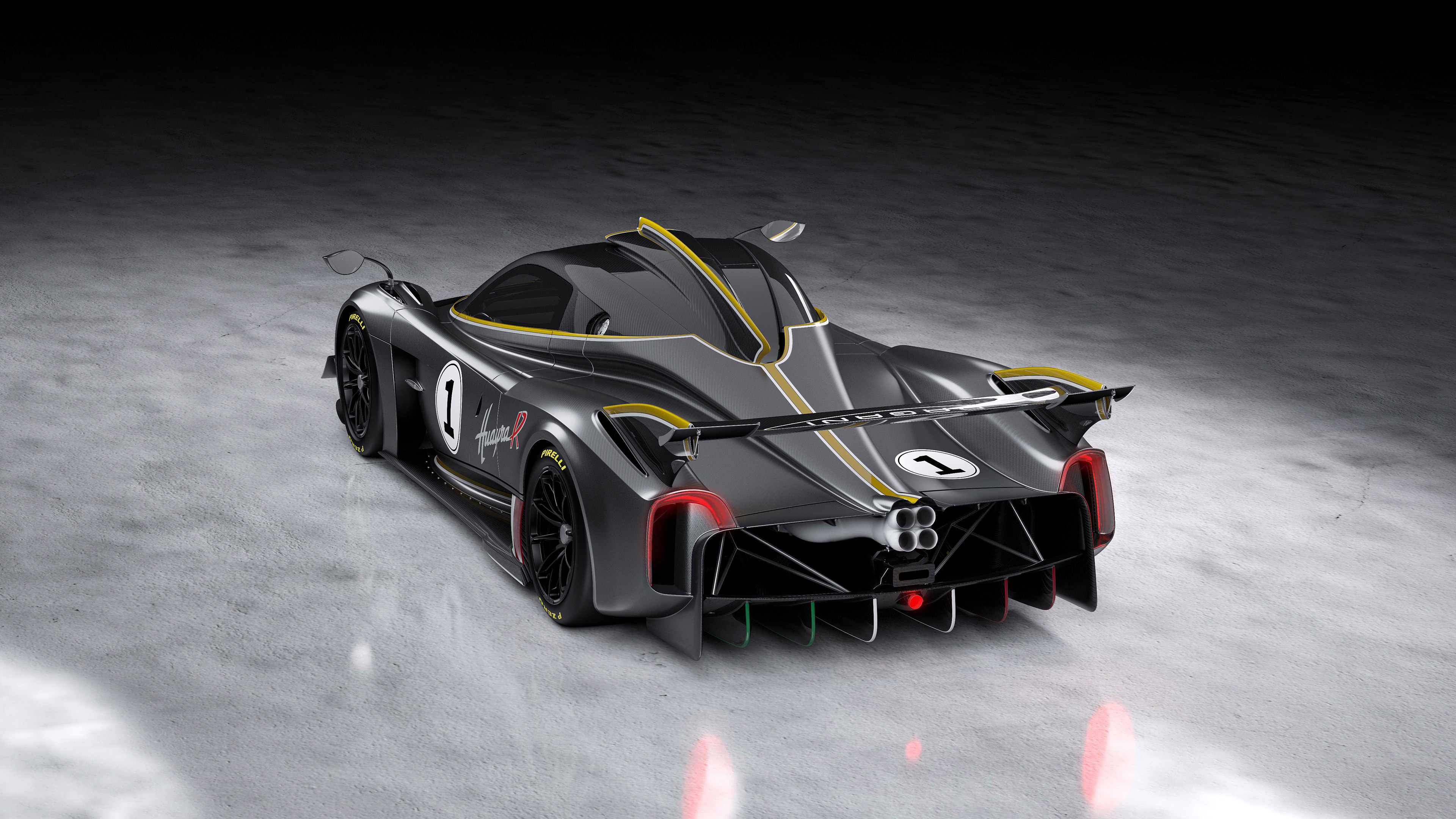 Pagani Huayra R, Carbon fiber rear diffuser, Studio concrete floor, 4K Desktop wallpaper