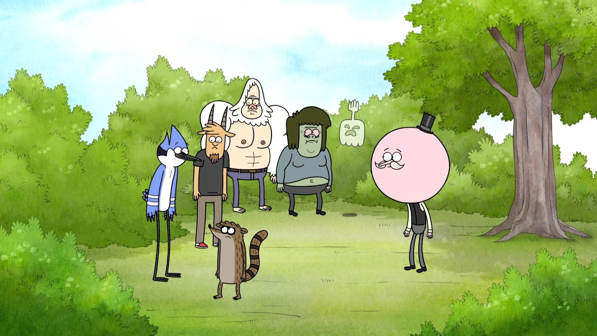 Mordecai and Rigby on the lawn, Skips the yeti, Muscle Man in grey shirt, Pops in top hat, Regular Show, Full HD Desktop wallpaper