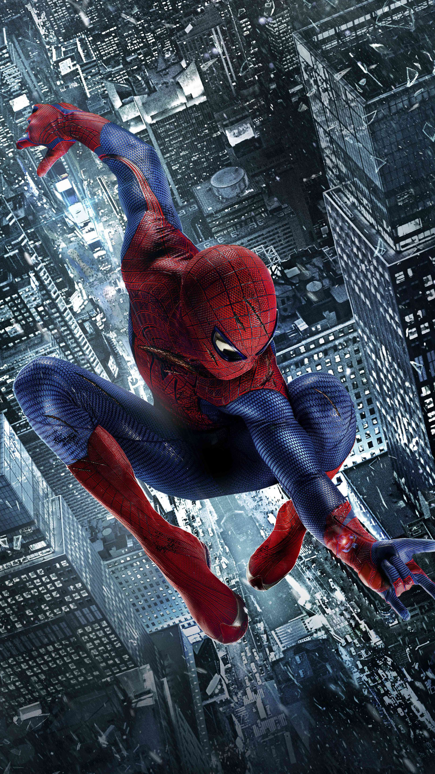 The Amazing Spider-Man, aerial Manhattan cityscape, shattered glass shards, HD Phone wallpaper