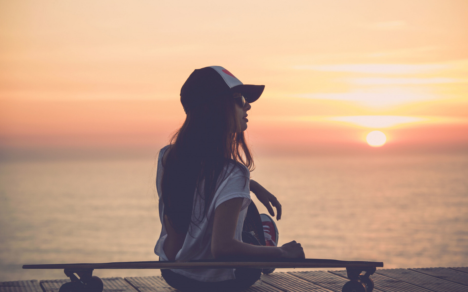 Skateboarding girl, Sunset background, Mood glasses, Full screen, 1920x1200 HD Desktop