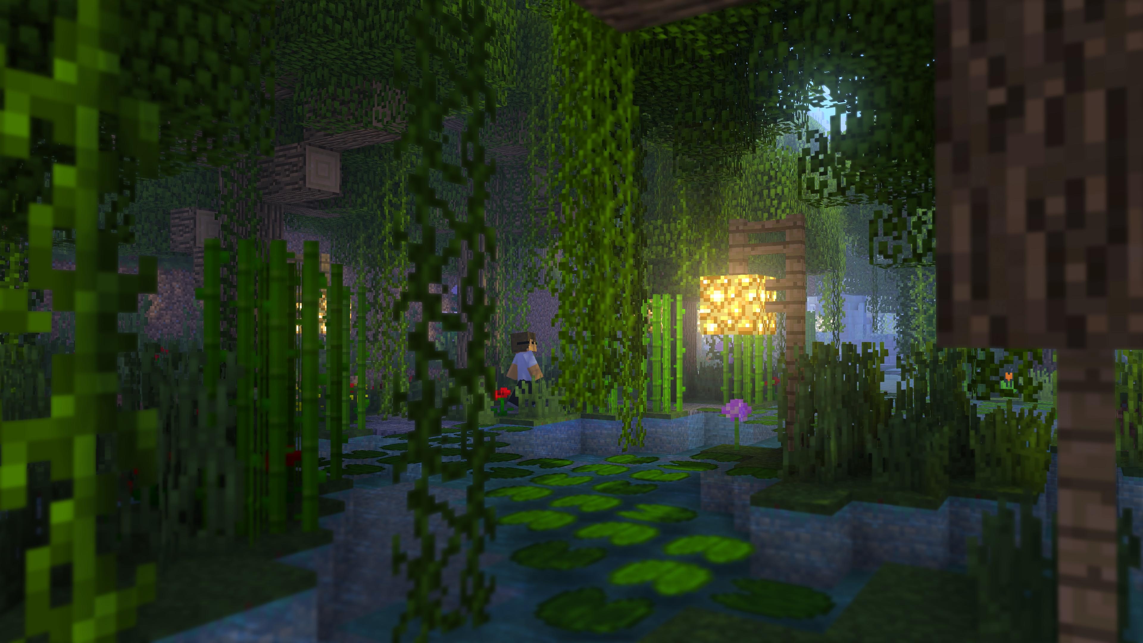 Minecraft Steve, hanging glowstone block, jungle swamp lily pads, 4K Desktop wallpaper