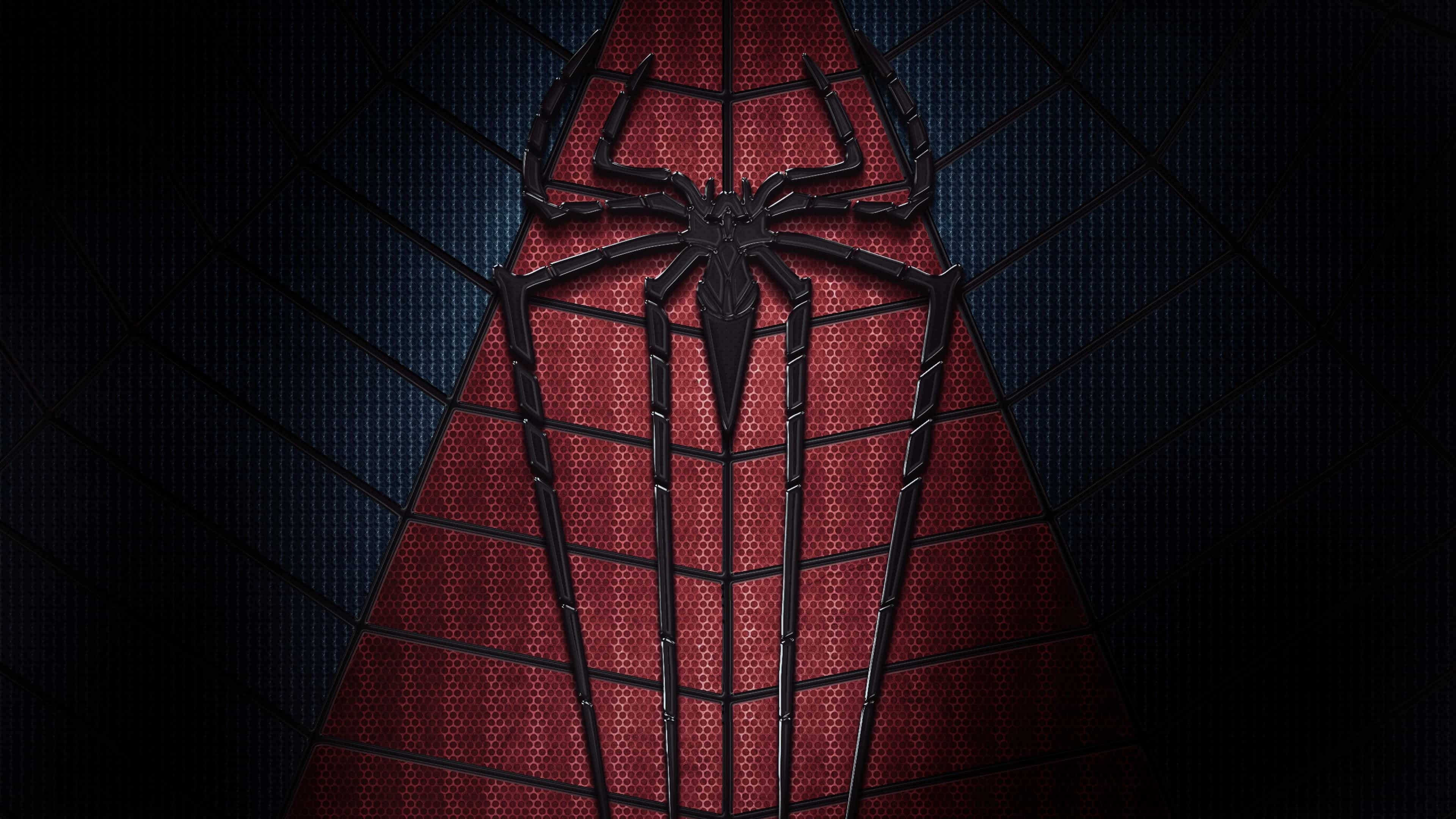 The Amazing Spider-Man suit, black spider emblem, textured honeycomb fabric, 4K Desktop wallpaper