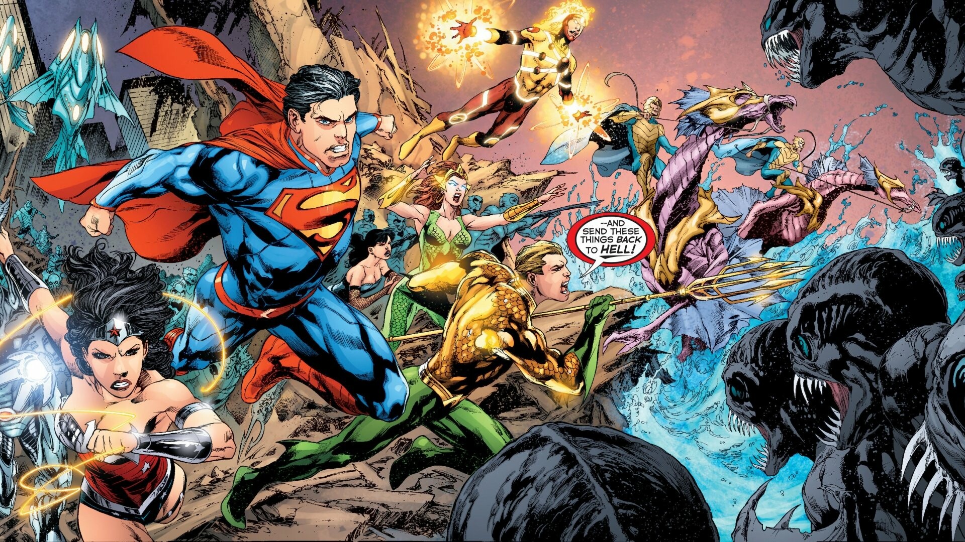 Poster Justice League, DC Comics heroes, Action-packed wallpaper, Heroic fantasy, 1920x1080 Full HD Desktop