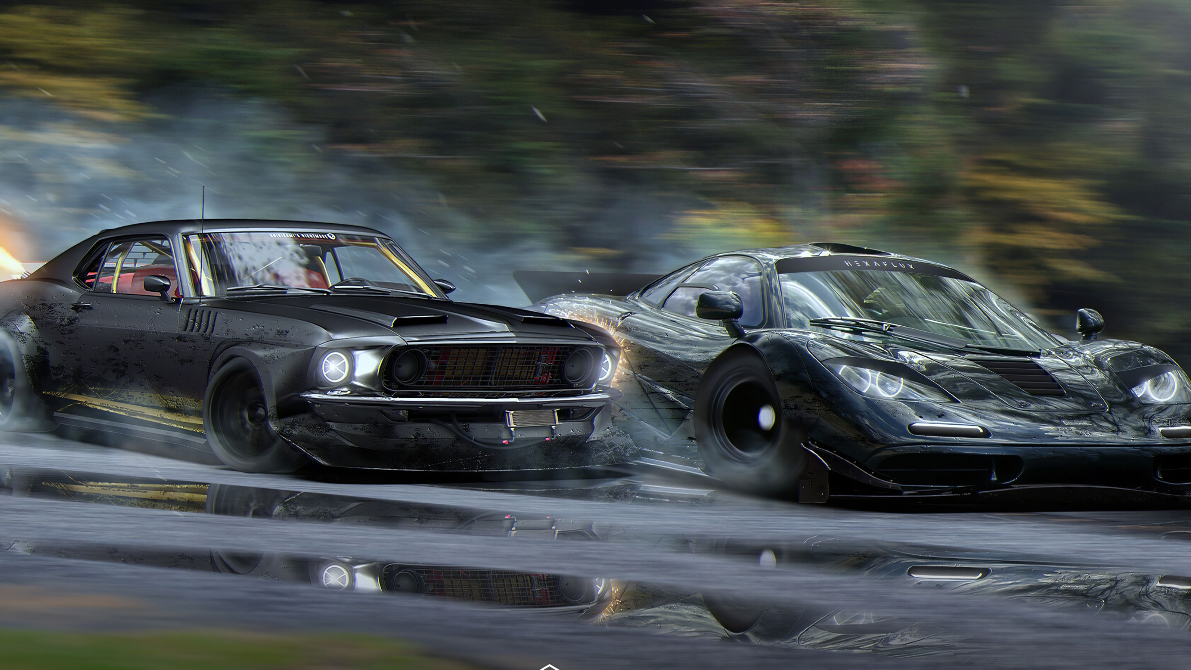 Modified 1969 Ford Mustang, McLaren F1 GTR, Wet asphalt drift race, 4K Desktop wallpaper