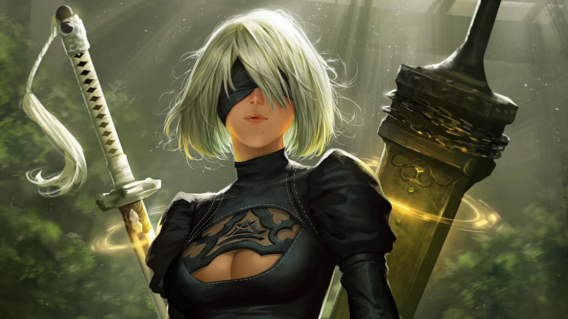 2B, Virtuous Contract katana, NieR:Automata, Full HD Desktop wallpaper