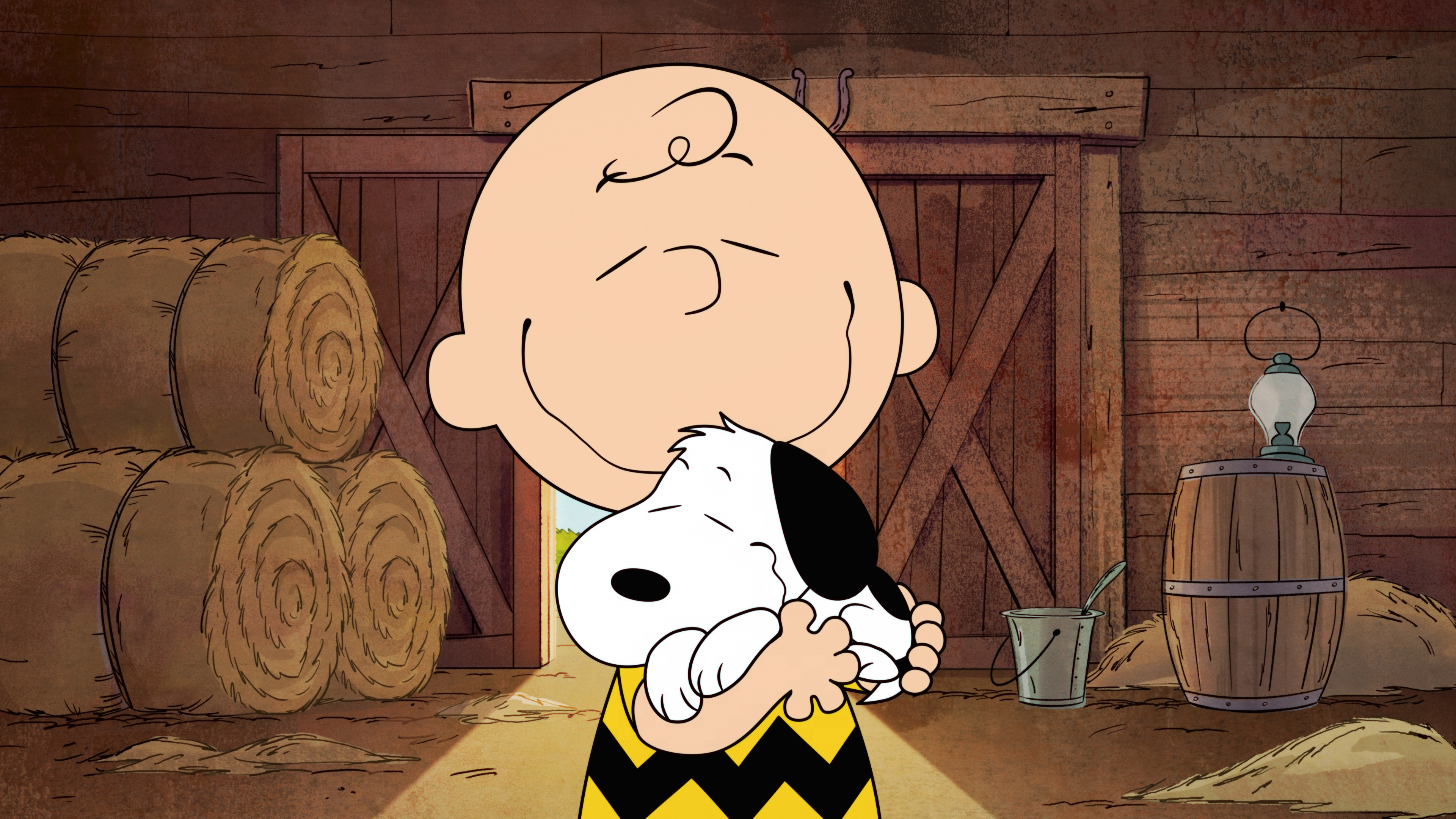 Charlie Brown, Snoopy, wooden barn interior, 4K Desktop wallpaper