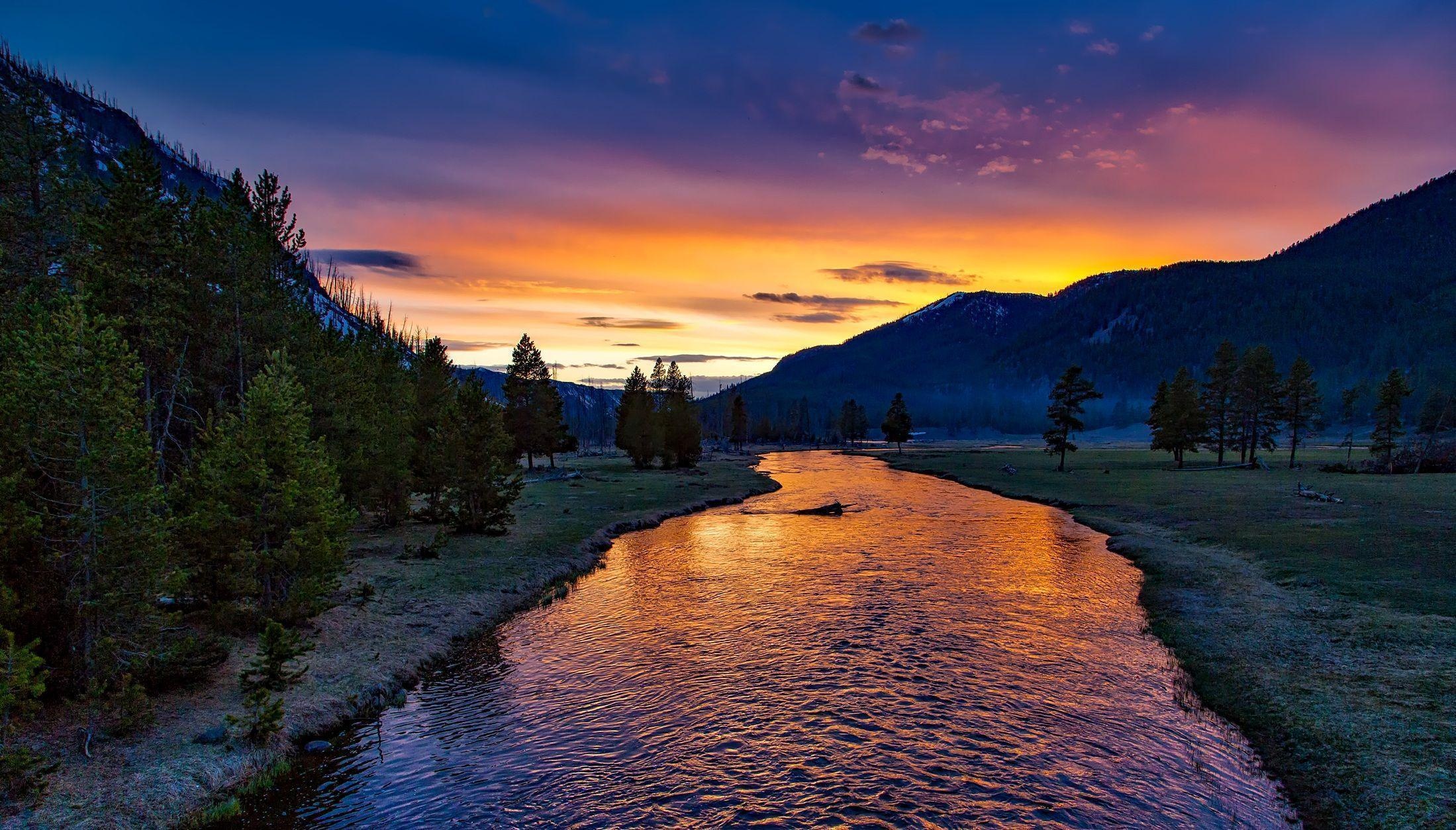 winding river at dusk, coniferous forest valley meadow, orange and purple twilight, HD Desktop wallpaper