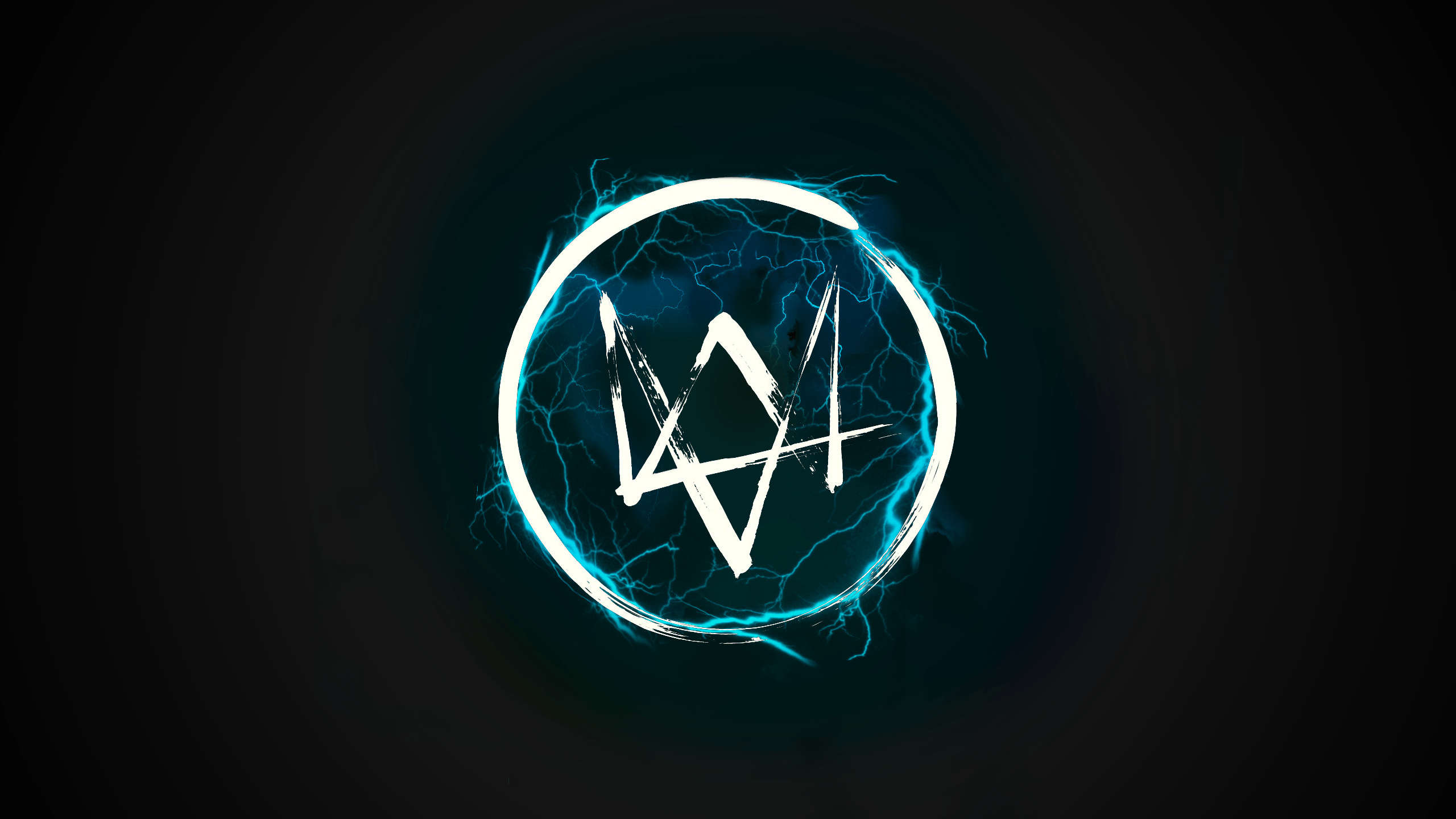 Watch Dogs logo, glowing blue lightning, white circular emblem, HD Desktop wallpaper