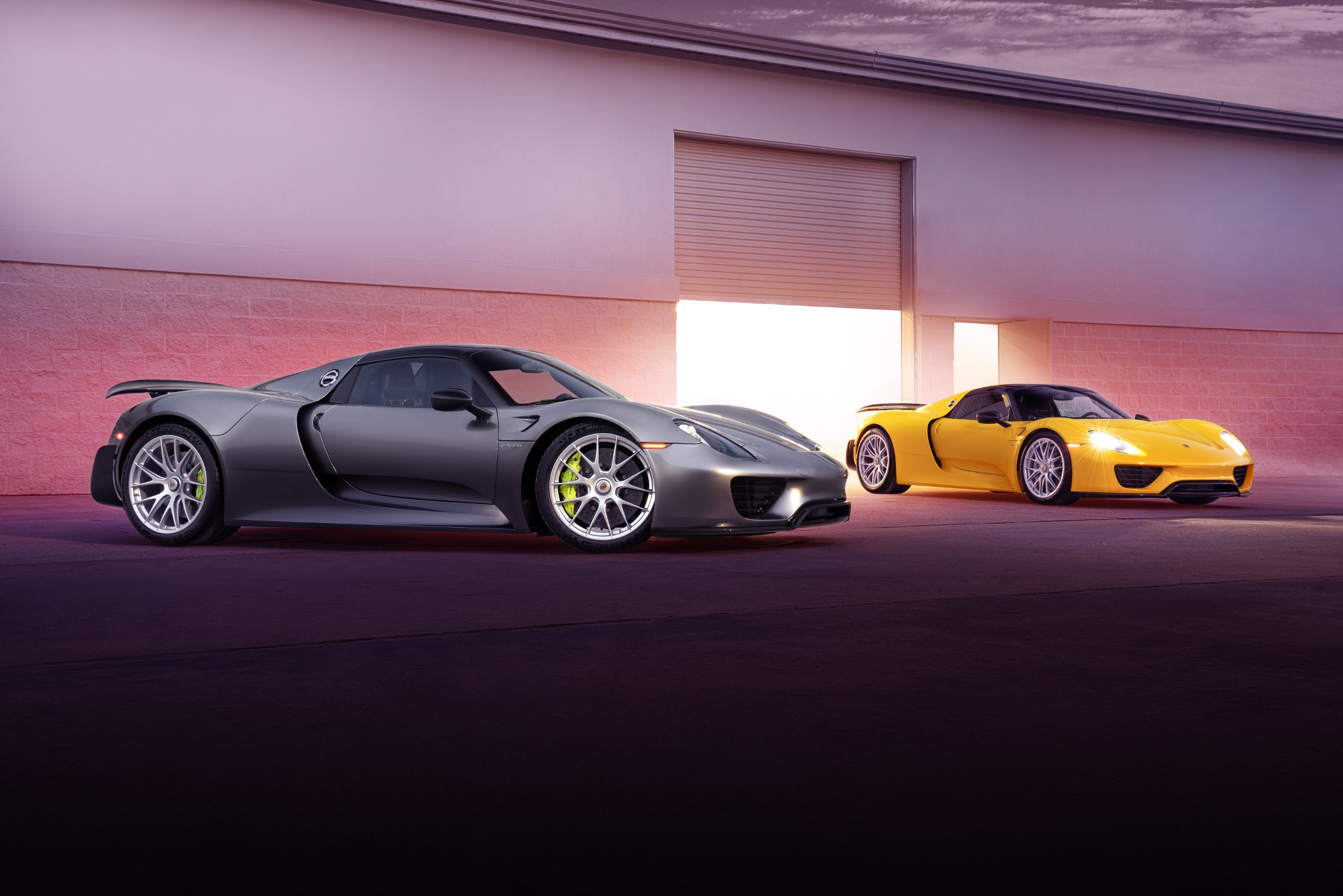 Porsche 918 Spyder, Yellow Porsche 918 Spyder, Acid green brake calipers, Open garage bay, HD Desktop wallpaper