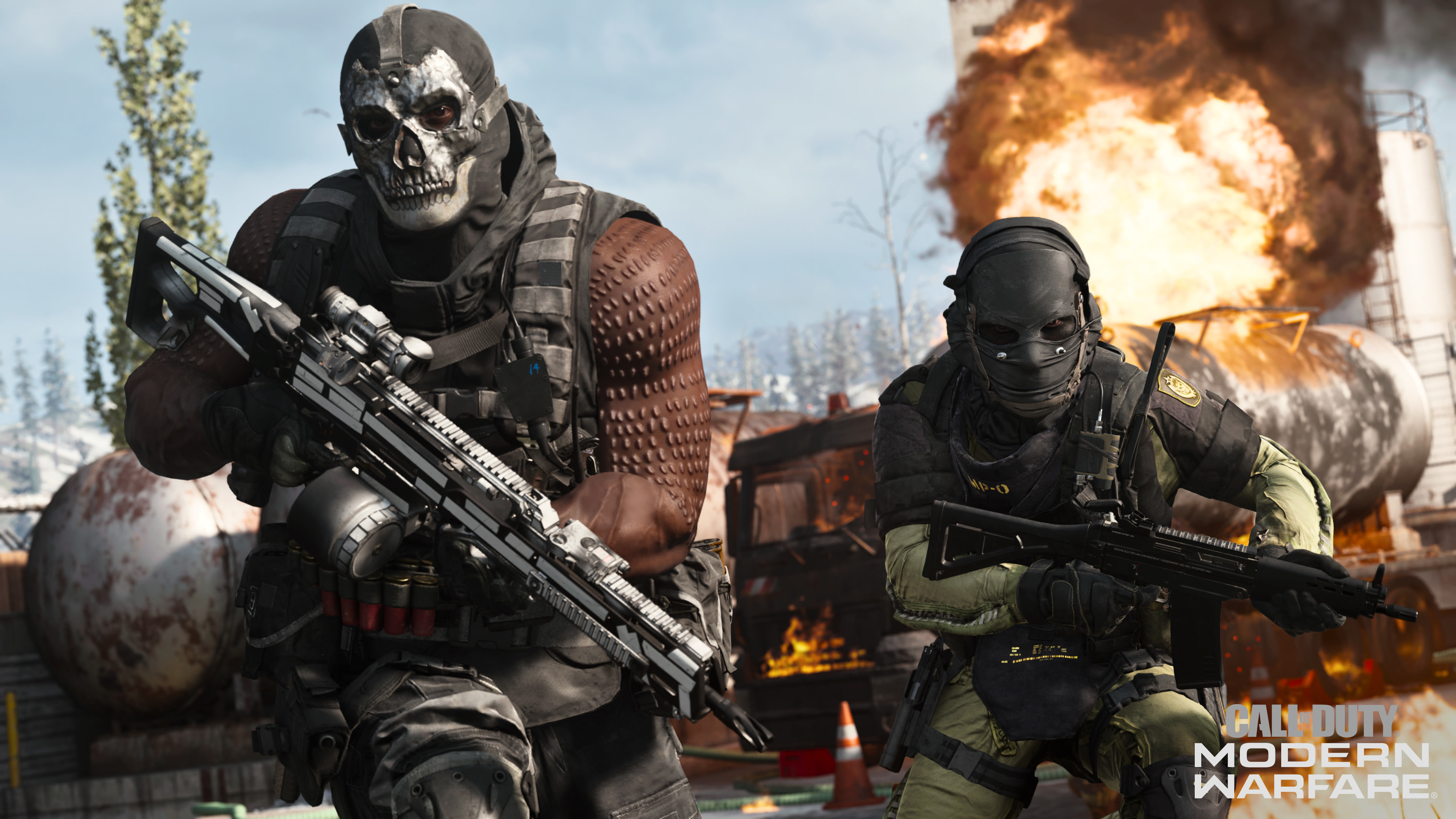 Mace operator, Nikto operator, Call of Duty: Modern Warfare logo, Fiery tanker explosion, 4K Desktop wallpaper