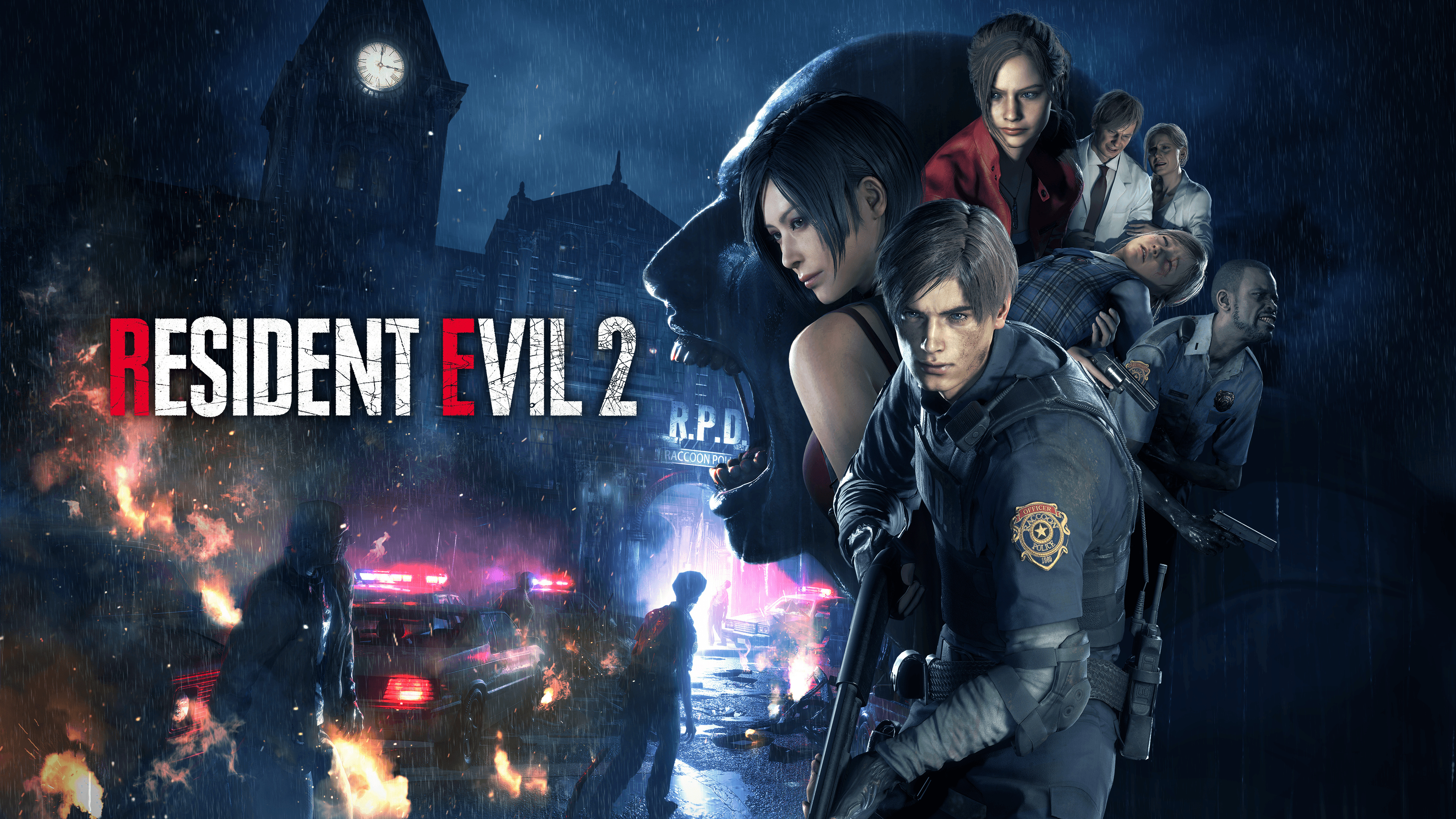 Leon S. Kennedy, Claire Redfield, Ada Wong, RESIDENT EVIL 2 logo, Raccoon Police Department, 4K Desktop wallpaper