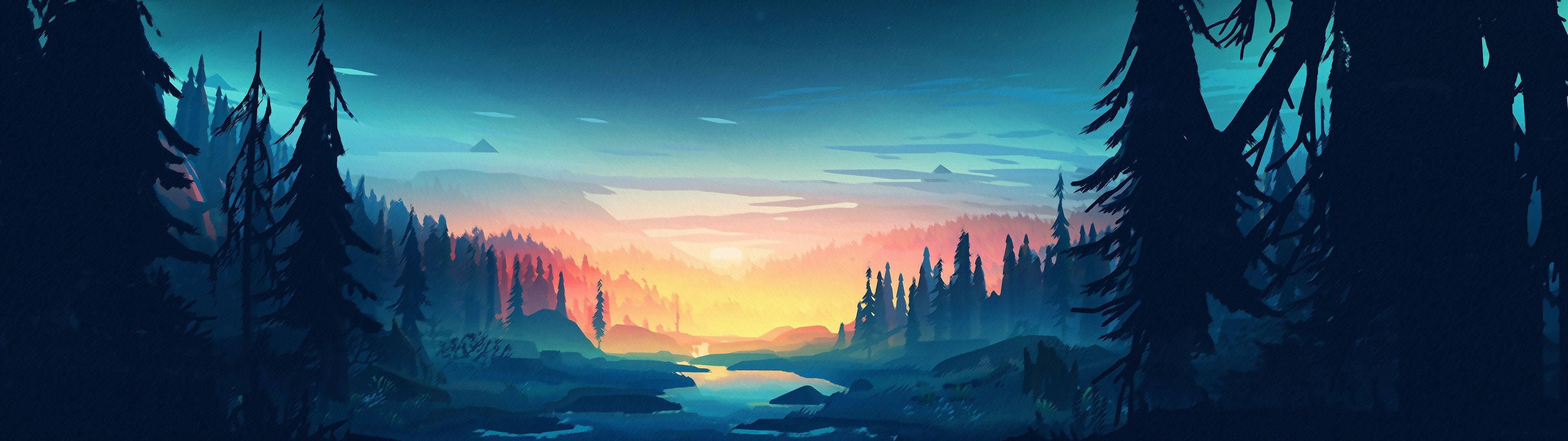 Forest at sunset, Dual Monitor Wallpaper, 3840x1080 Dual Screen Desktop