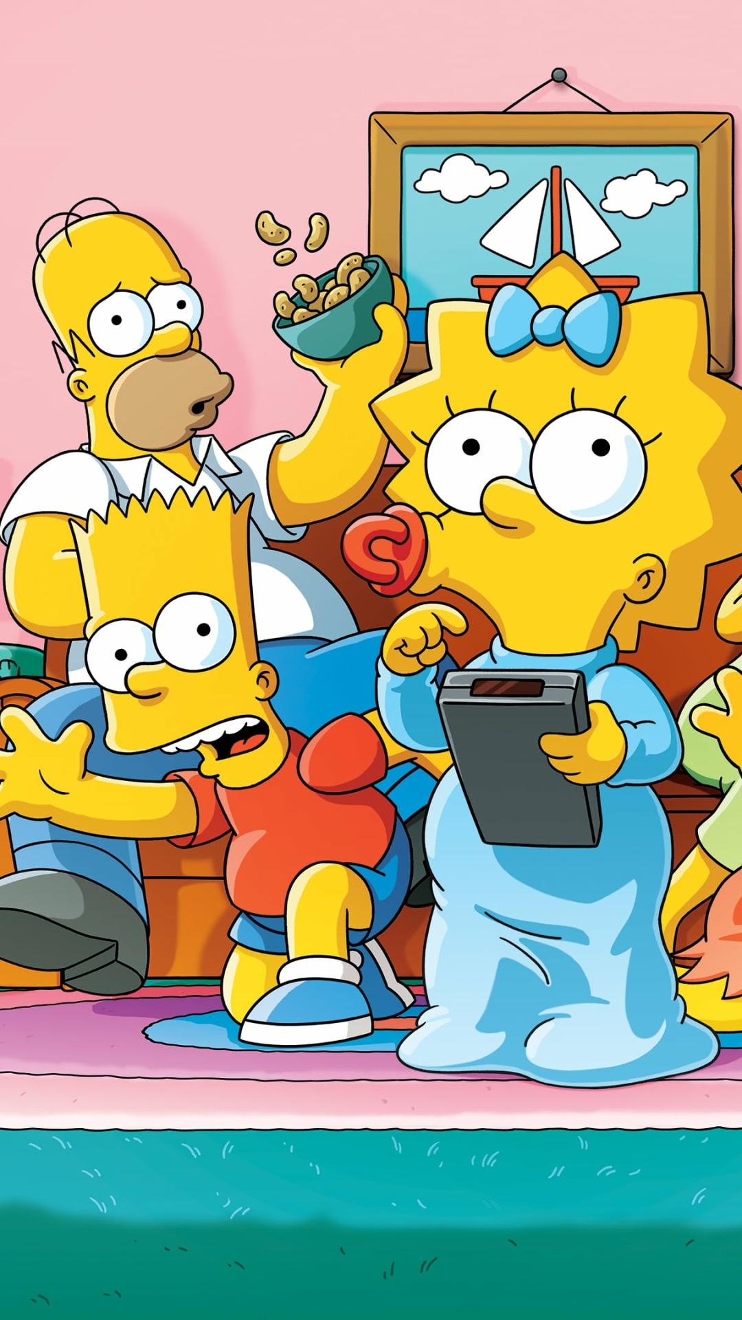 Maggie Simpson, Bart Simpson, Homer Simpson, The Simpsons sailboat painting, Full HD Phone wallpaper