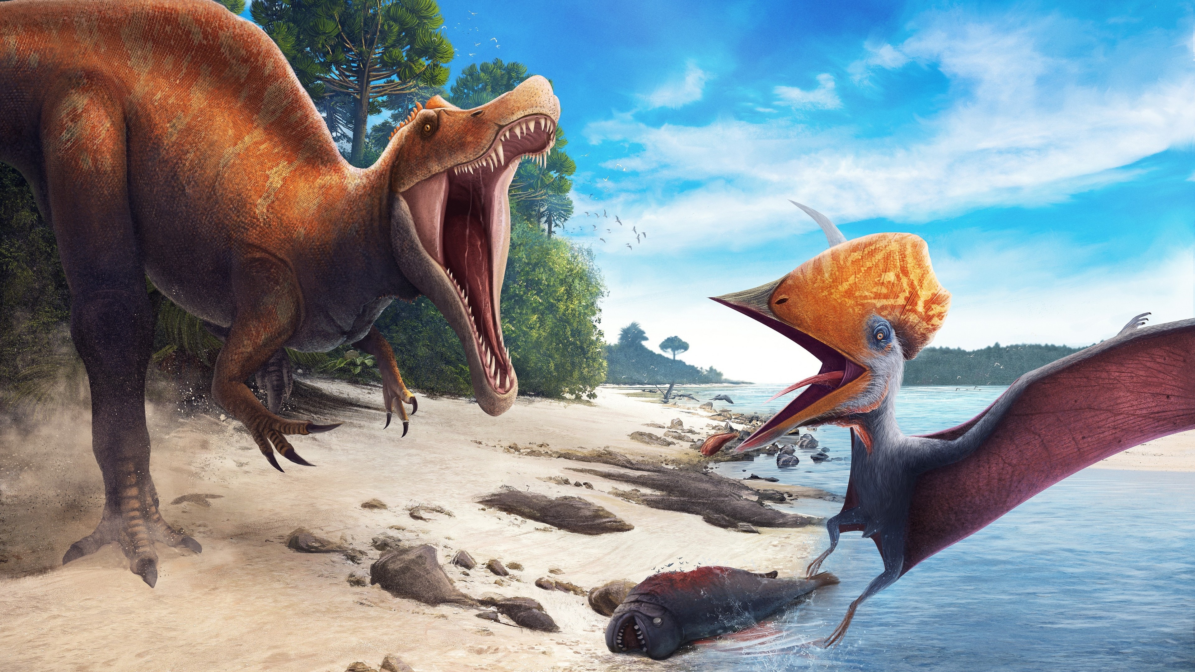 Prehistoric beach, Mesozoic coast, Oceanic landscapes, Ancient creatures, 3840x2160 4K Desktop