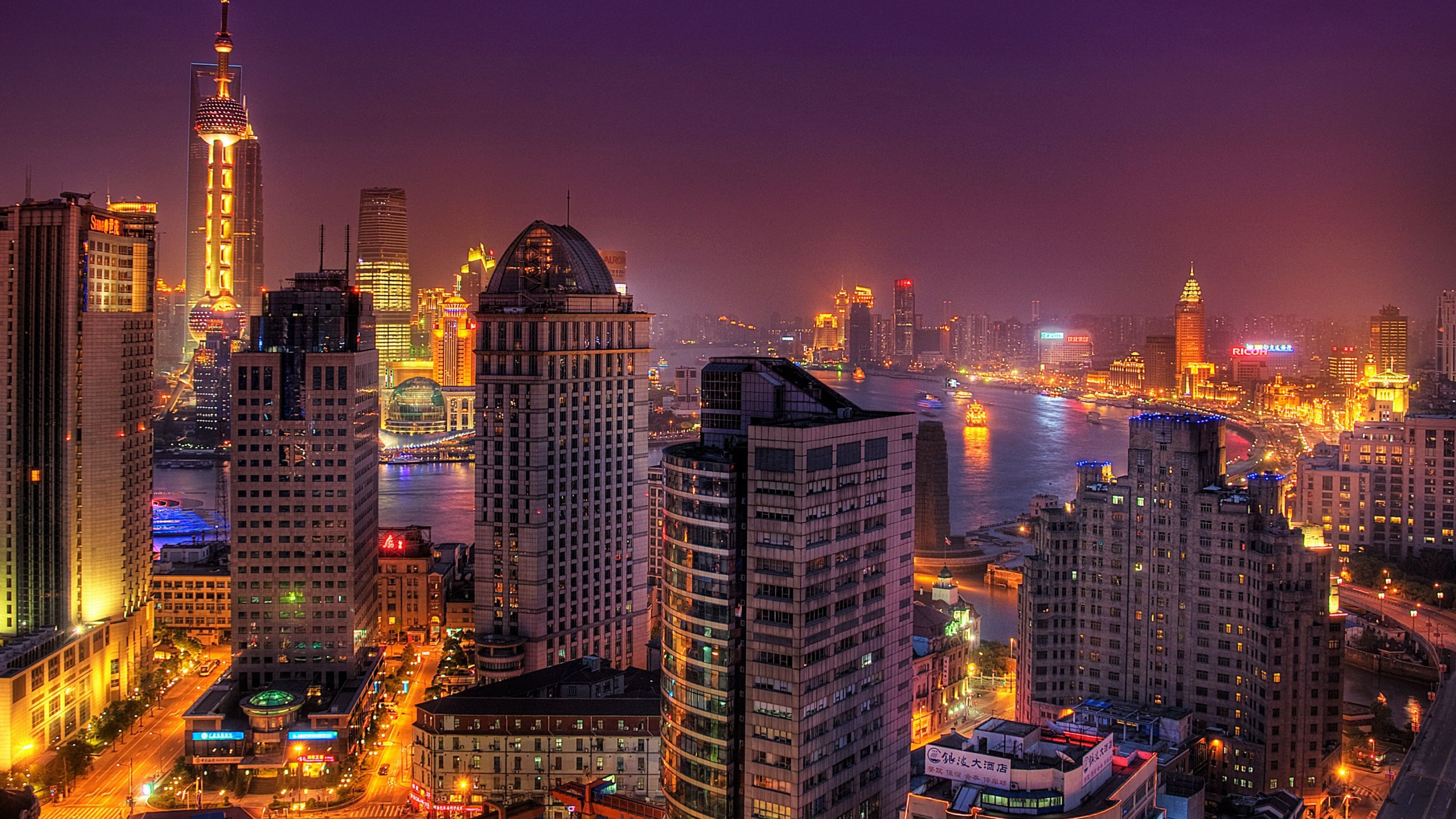 Oriental Pearl Tower, Huangpu River, Shanghai skyline at night, HD Desktop wallpaper