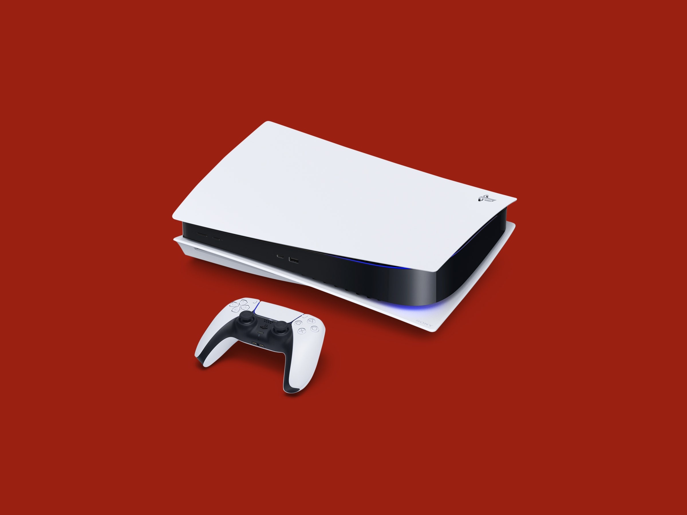 Horizontal PlayStation 5 console, DualSense wireless controller, Deep red backdrop, HD Desktop wallpaper