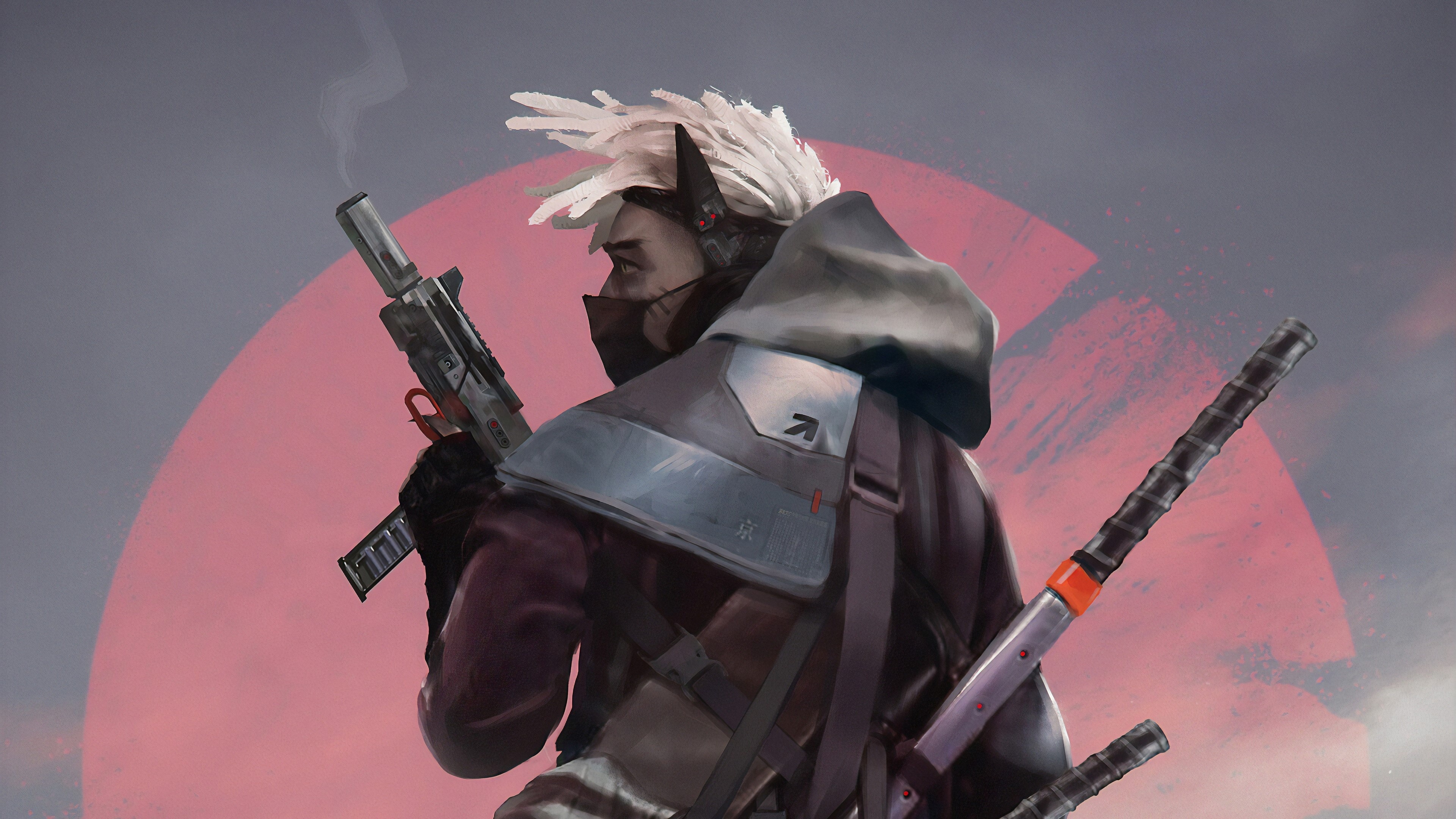 Cyberpunk ninja assassin, Suppressed tactical handgun, Dual katana back sheaths, 4K Desktop wallpaper