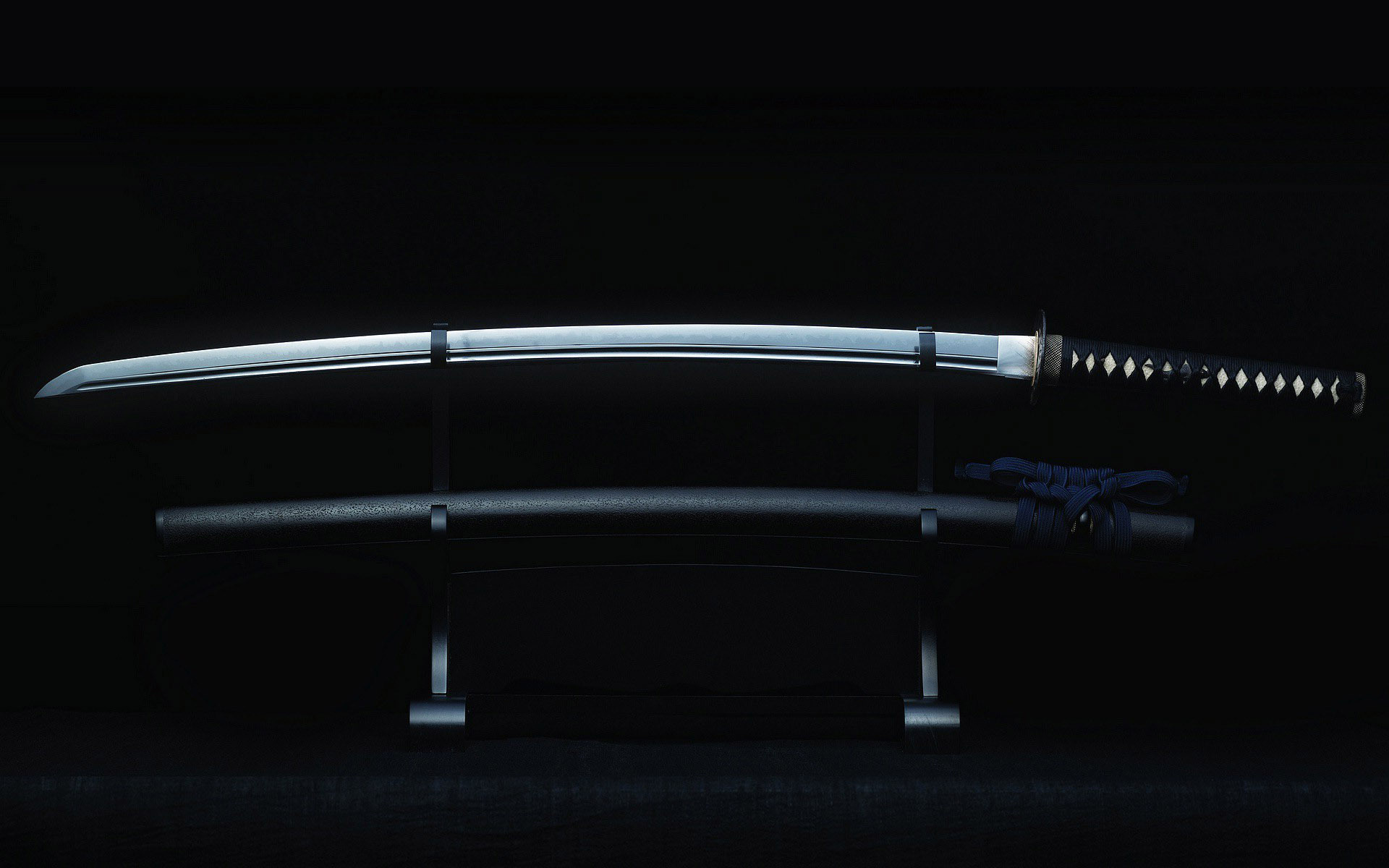 Unsheathed katana blade, Black saya scabbard, Katanakake display stand, HD Desktop wallpaper