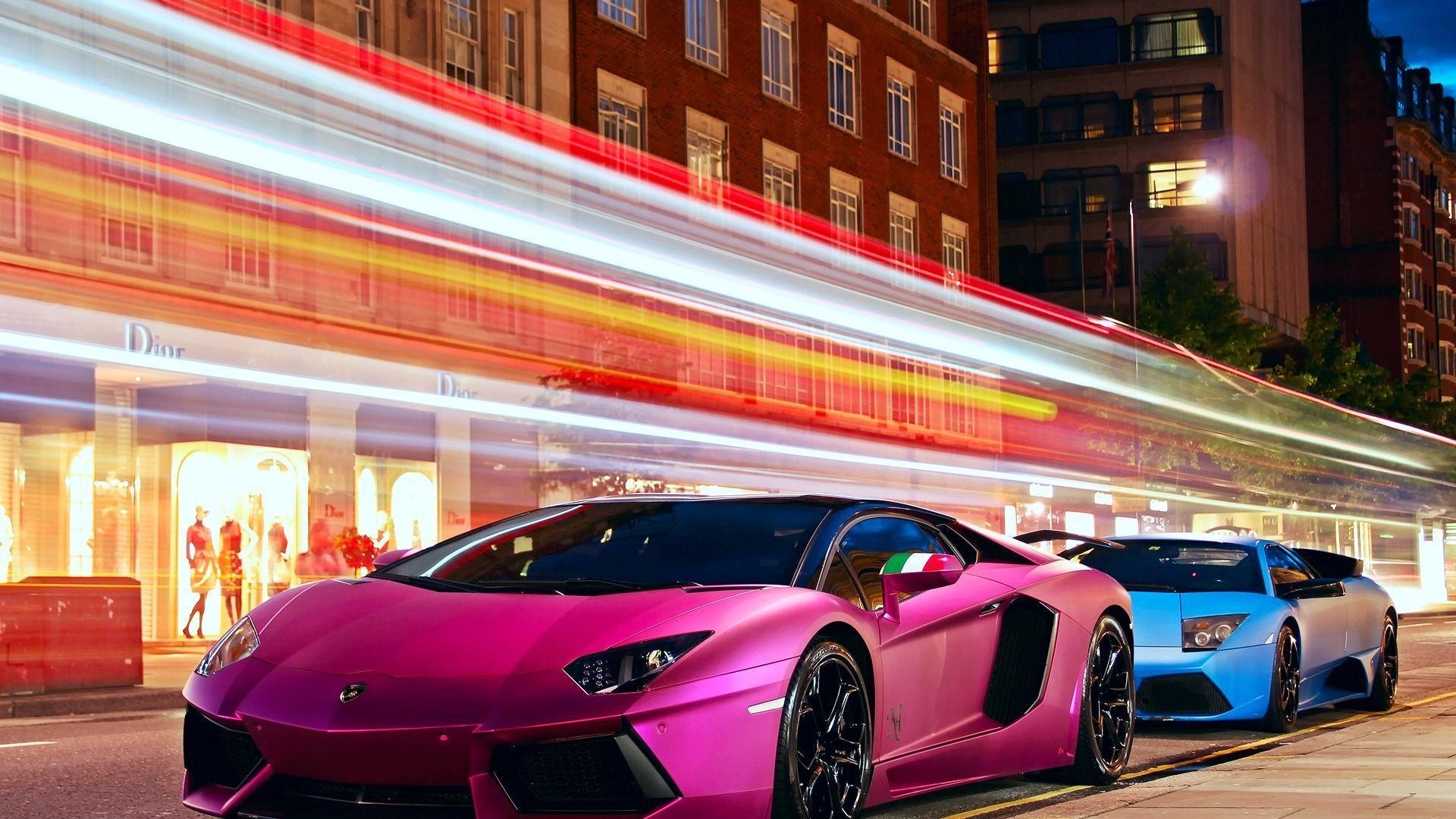 pink Lamborghini Aventador, Lamborghini Murcielago LP 670-4, Dior storefront, traffic light trails, Full HD Desktop wallpaper