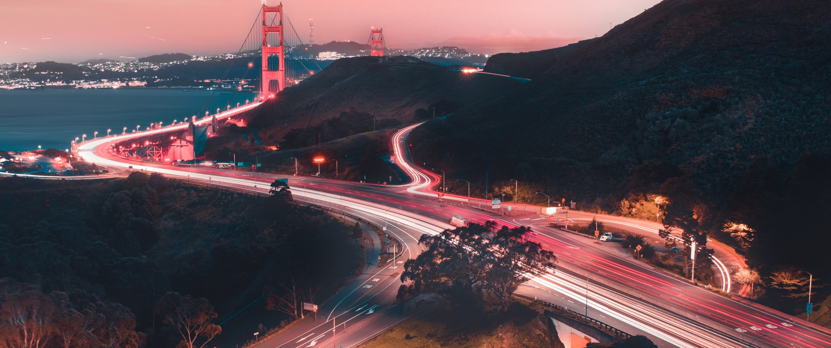 San Francisco Travels, Golden Gate Bridge, Sunset beauty, Traffic trail, 3440x1440 Dual Screen Desktop