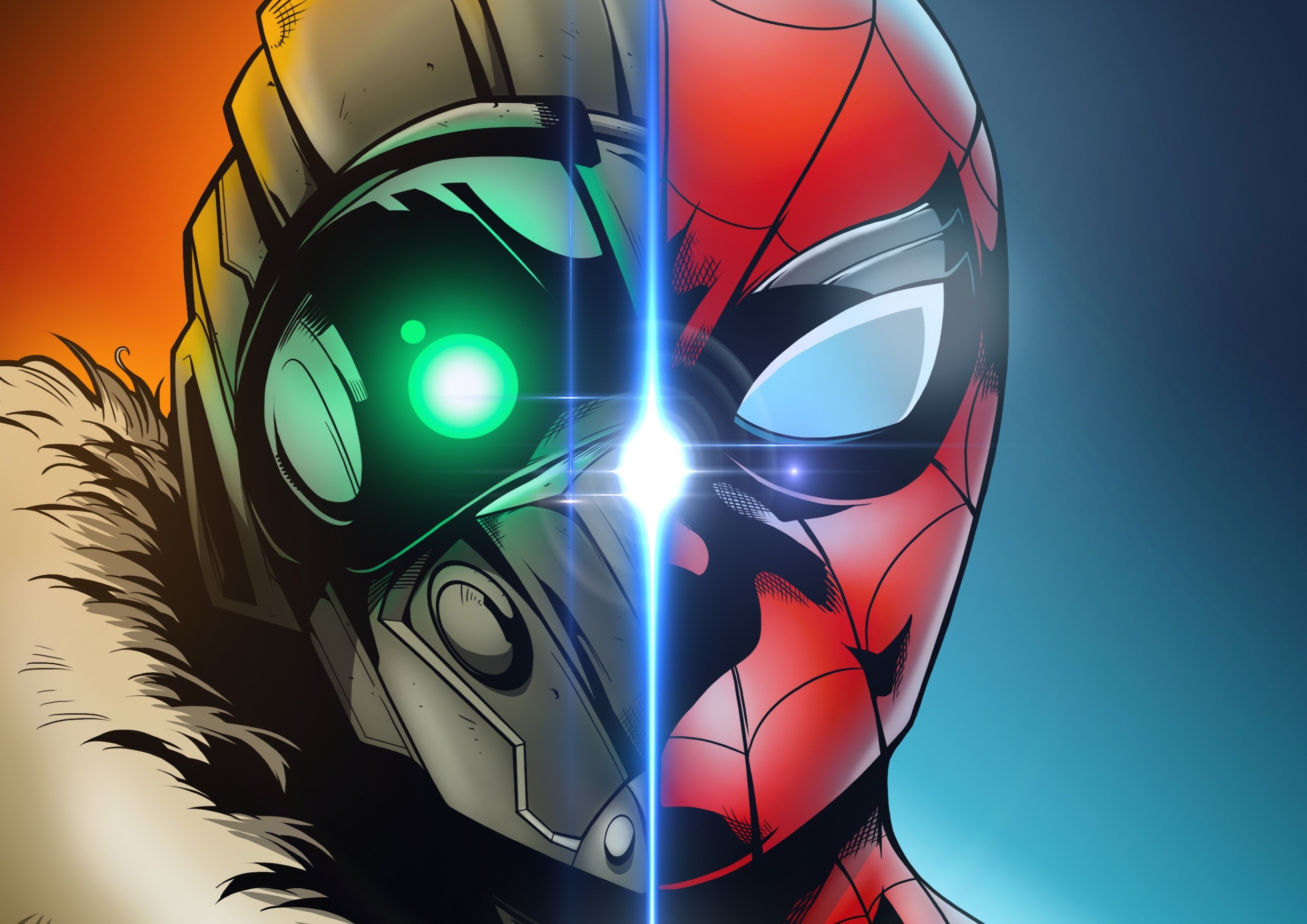 Homecoming, Vulture, Spider-Man, Split mask portrait, Orange and blue background, HD Desktop wallpaper