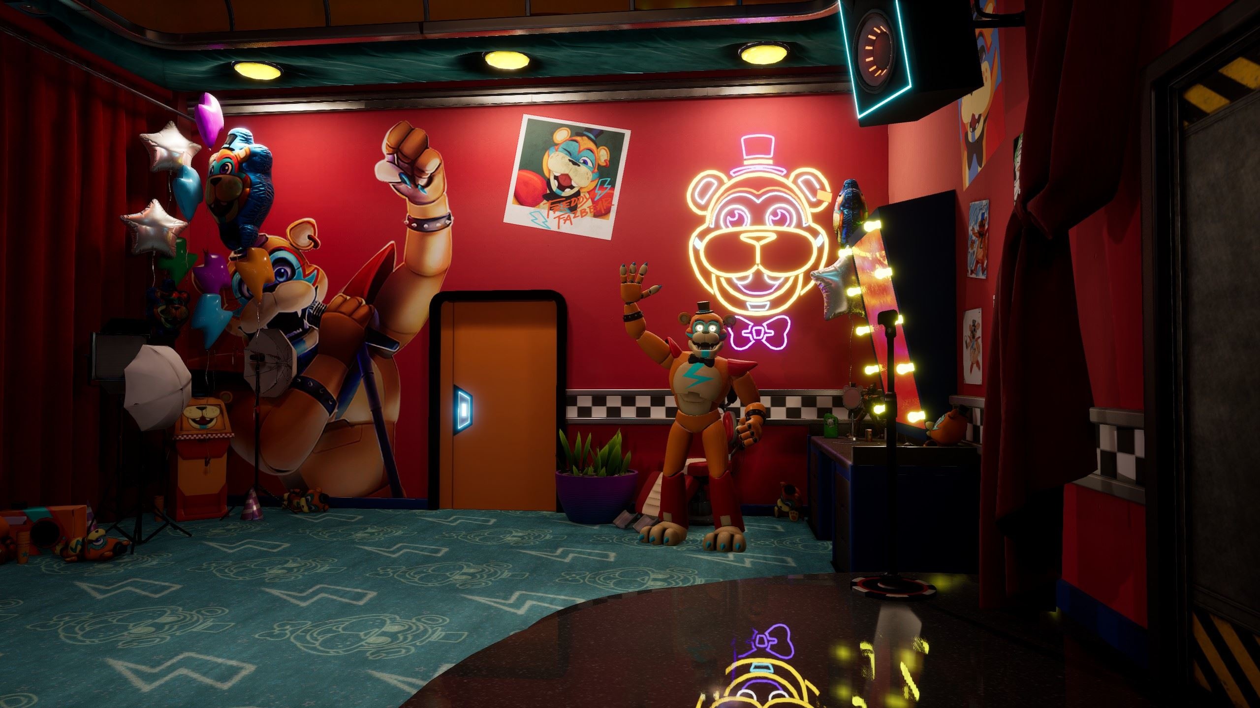 Glamrock Freddy animatronic, Glamrock Freddy dressing room, Neon Glamrock Freddy sign, HD Desktop wallpaper