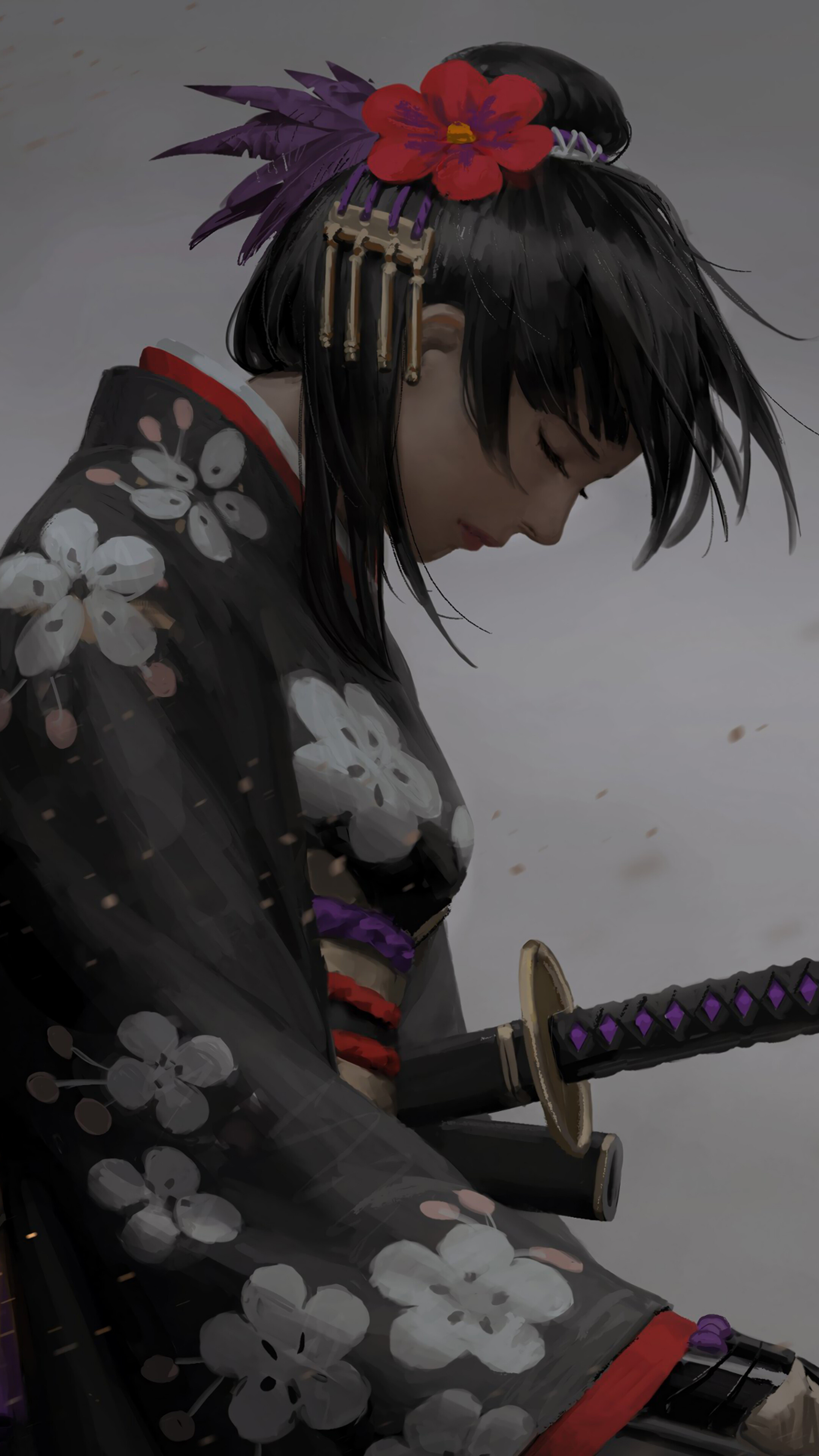 Female samurai warrior, Black sakura pattern kimono, Katana sword hilt, 4K Phone wallpaper
