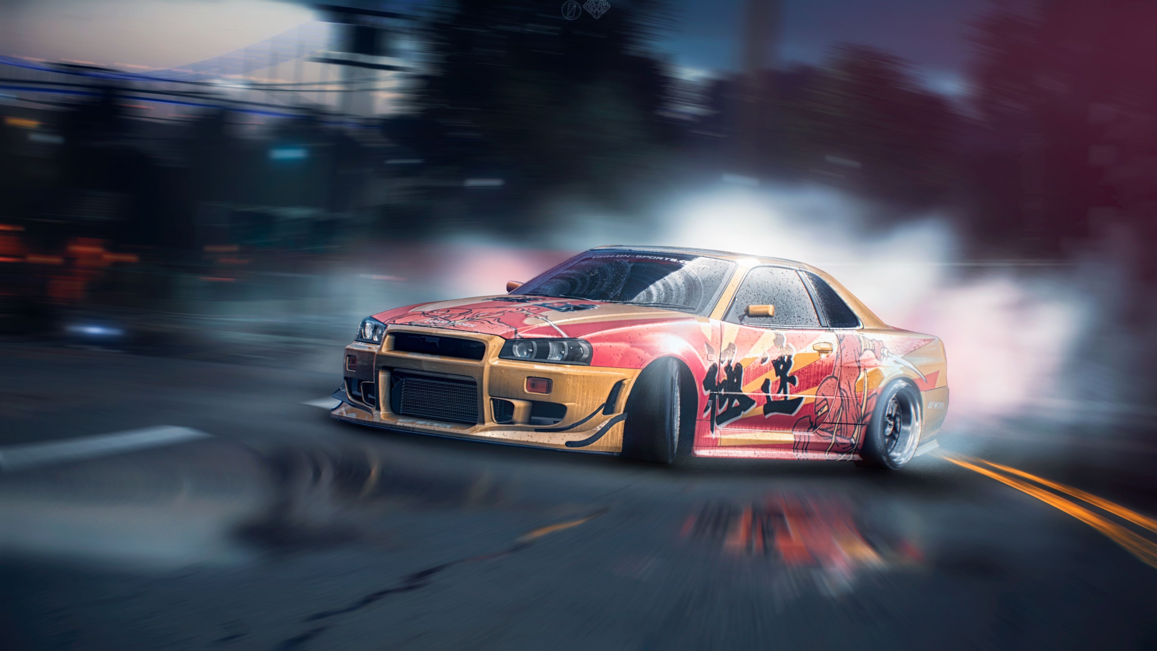 Nissan Skyline GT-R R34, drifting tire smoke, wet asphalt street, 4K Desktop wallpaper