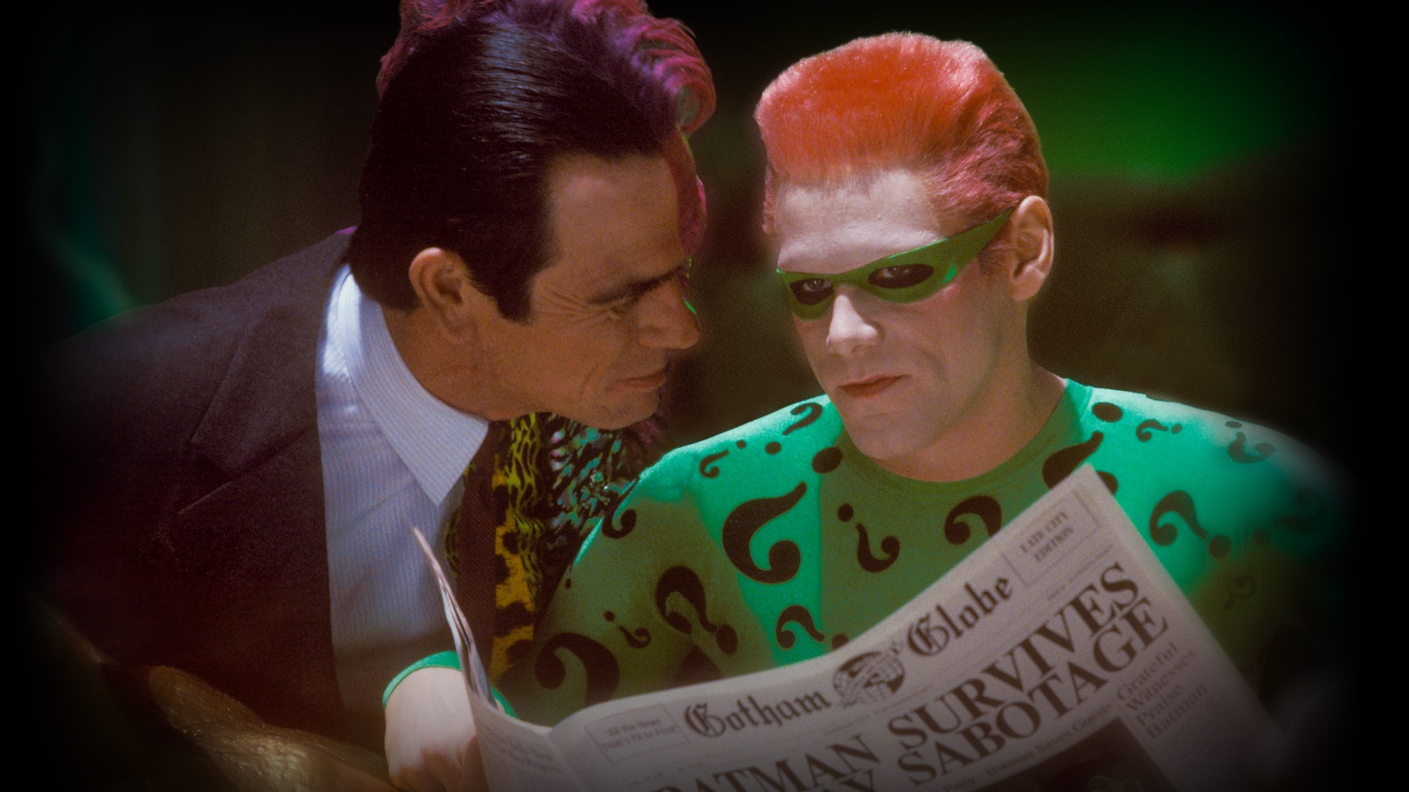 Riddler portrayal, Jim Carrey's role, Batman Forever movie, Gotham's supervillain, 2000x1130 HD Desktop