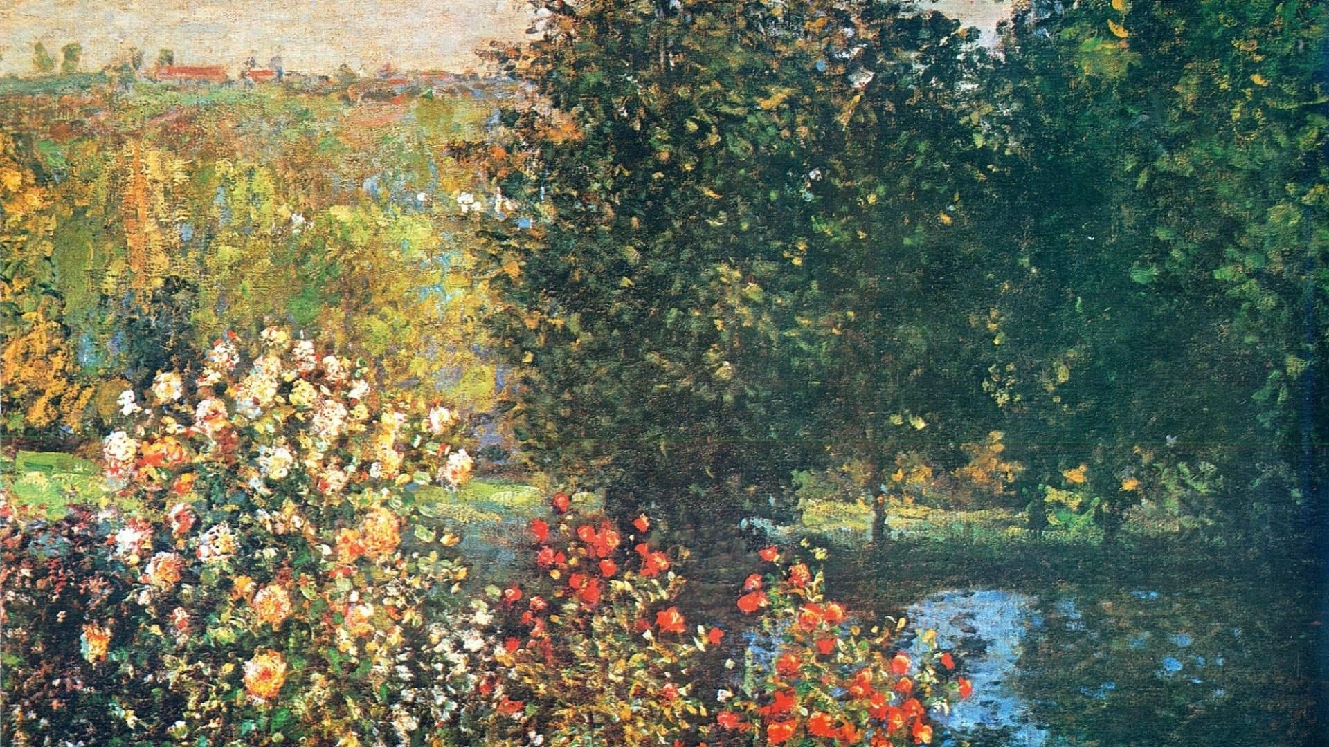 Corner of the Garden at Montgeron, blooming rose bush, sunlit pond reflection, Full HD Desktop wallpaper