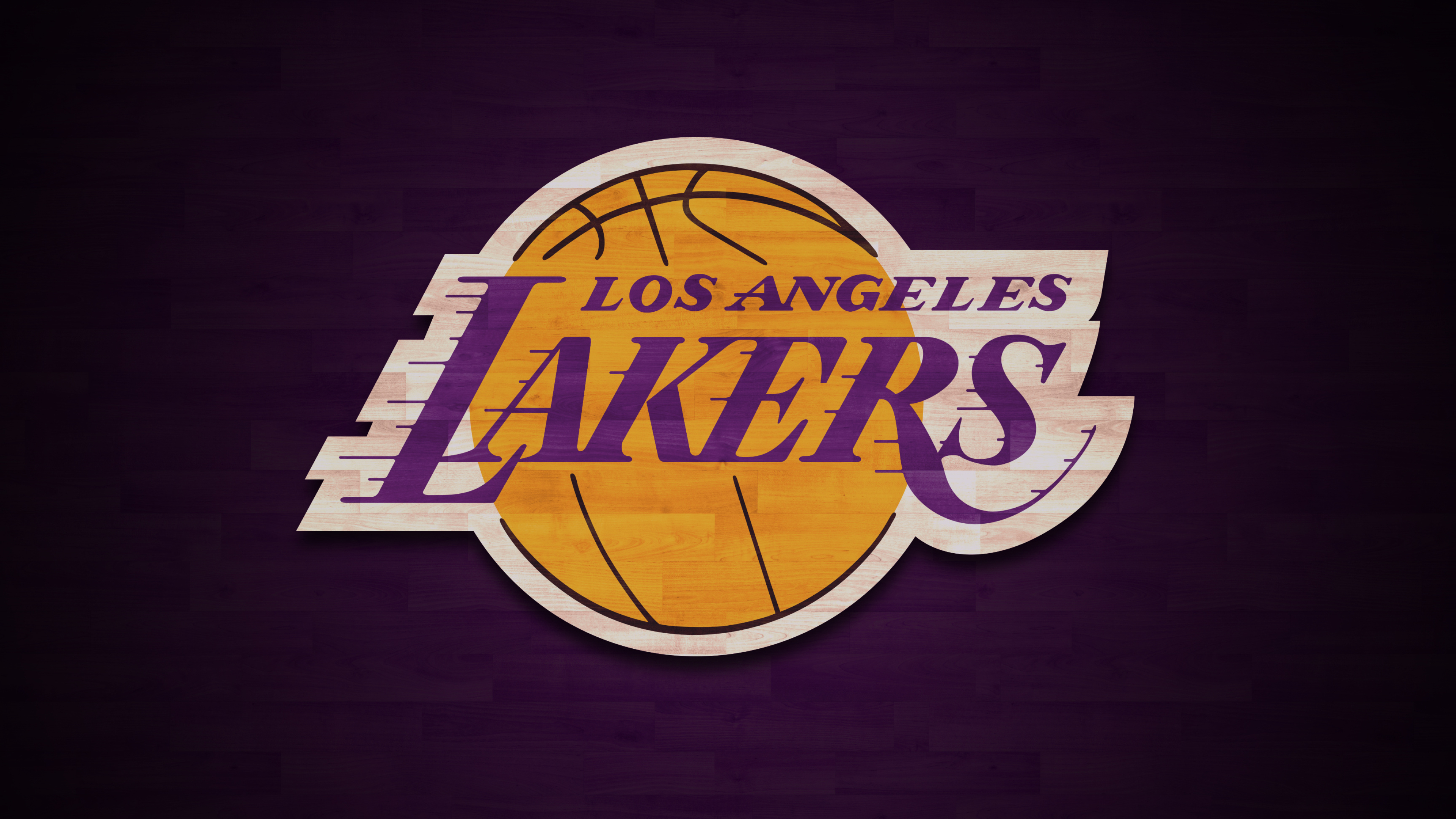 Los Angeles Lakers logo, Purple script over basketball, NBA hardwood court backdrop, 4K Desktop wallpaper
