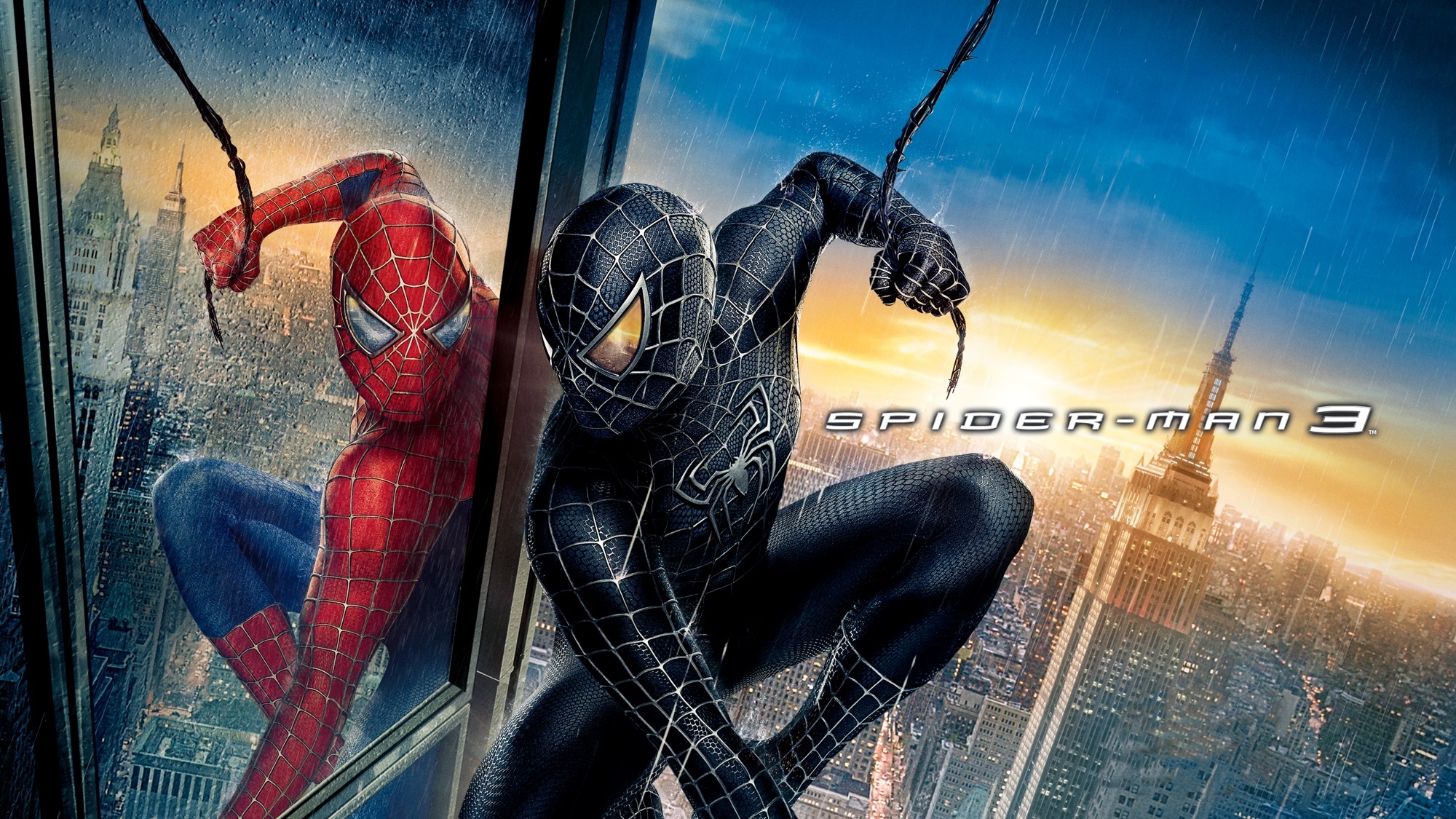 Symbiote suit Spider-Man, Classic Spider-Man suit reflection, Spider-Man 3 title text, Empire State Building skyline, HD Desktop wallpaper