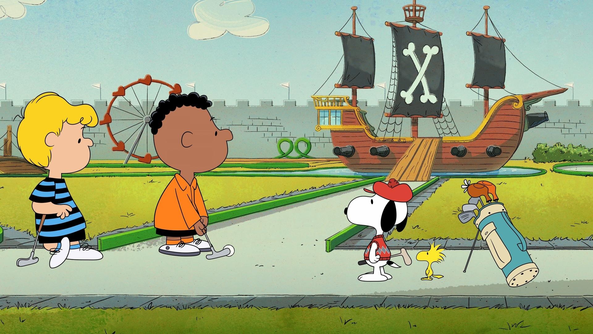 Snoopy, Franklin, Schroeder, Woodstock, mini golf pirate ship, Full HD Desktop wallpaper